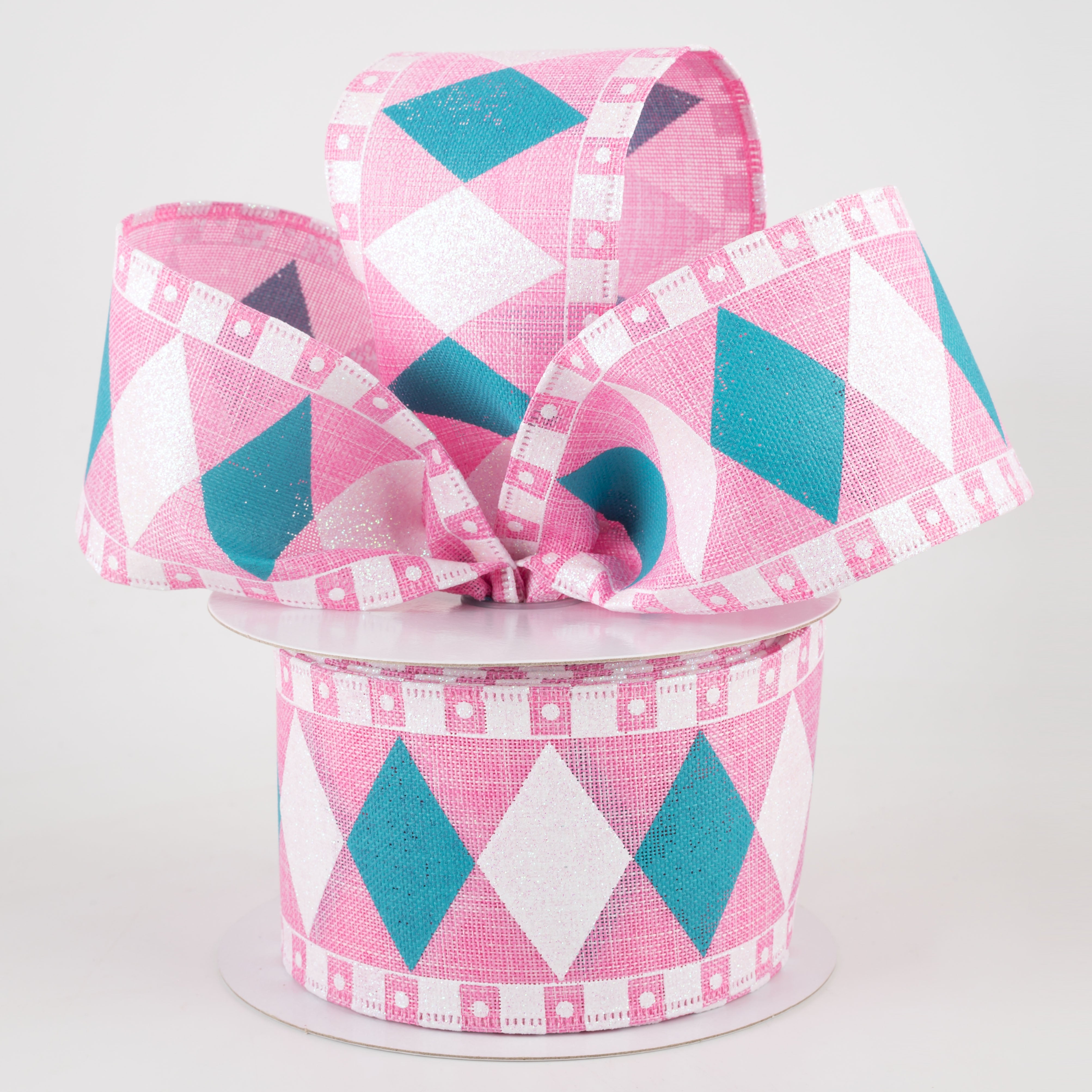2.5" Harlequin Fun Diamond Ribbon: Pink, White, Turquoise (10 Yards) Lifestyle Photo