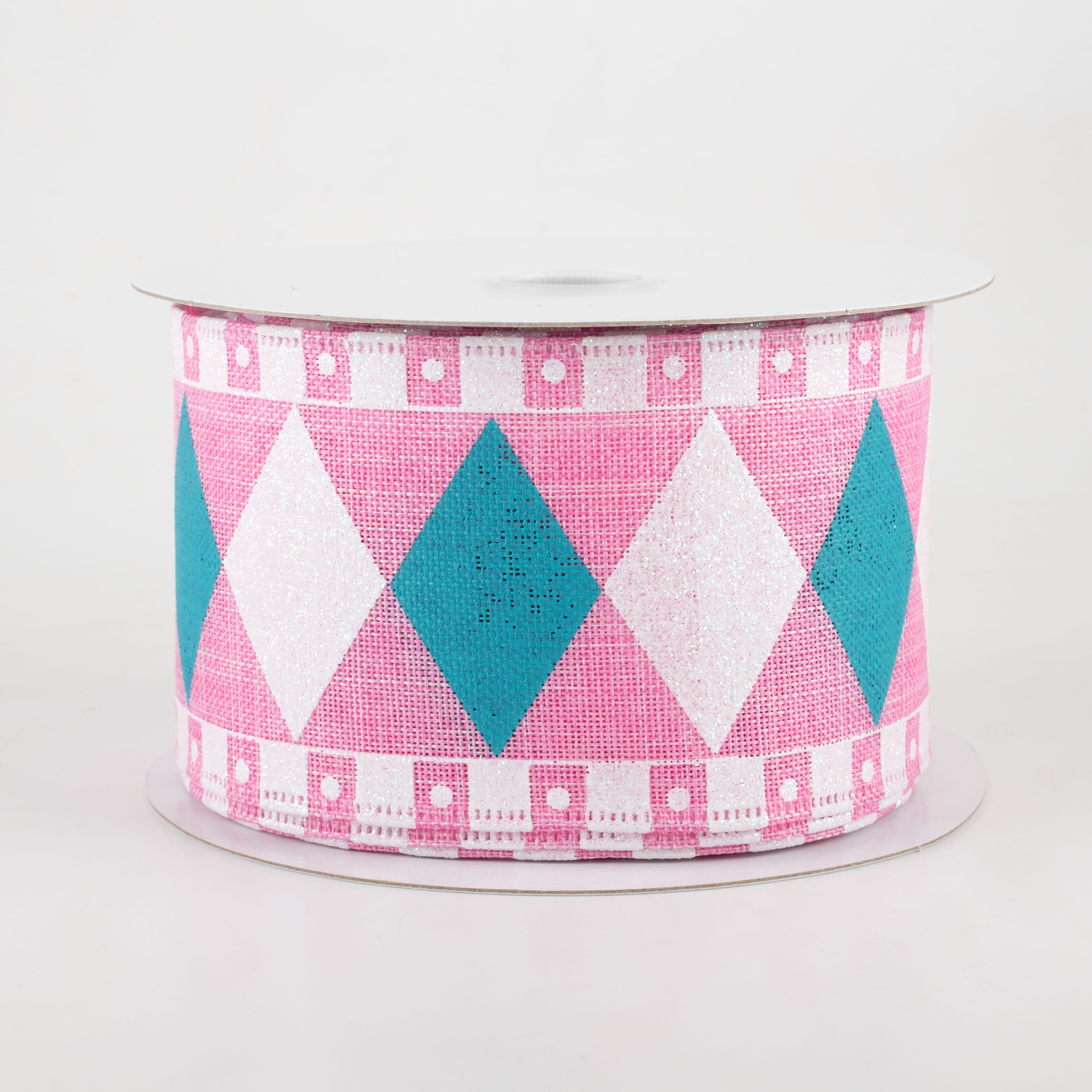 2.5" Harlequin Fun Diamond Ribbon: Pink, White, Turquoise (10 Yards)