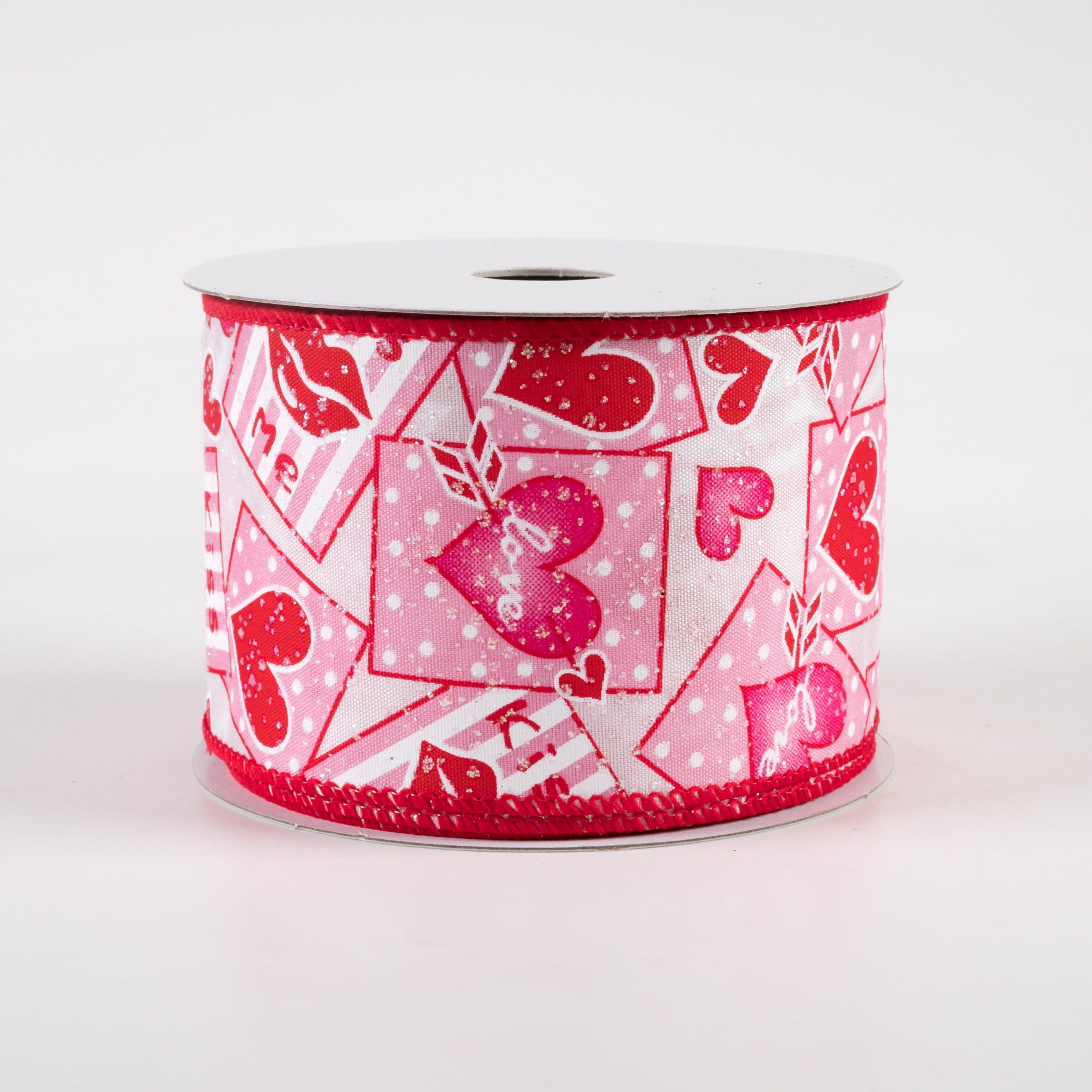 2.5" Heart Valentine Note Glitter Satin Ribbon: White, Pink, Red (10 Yards) Item Number: 11310-40-01