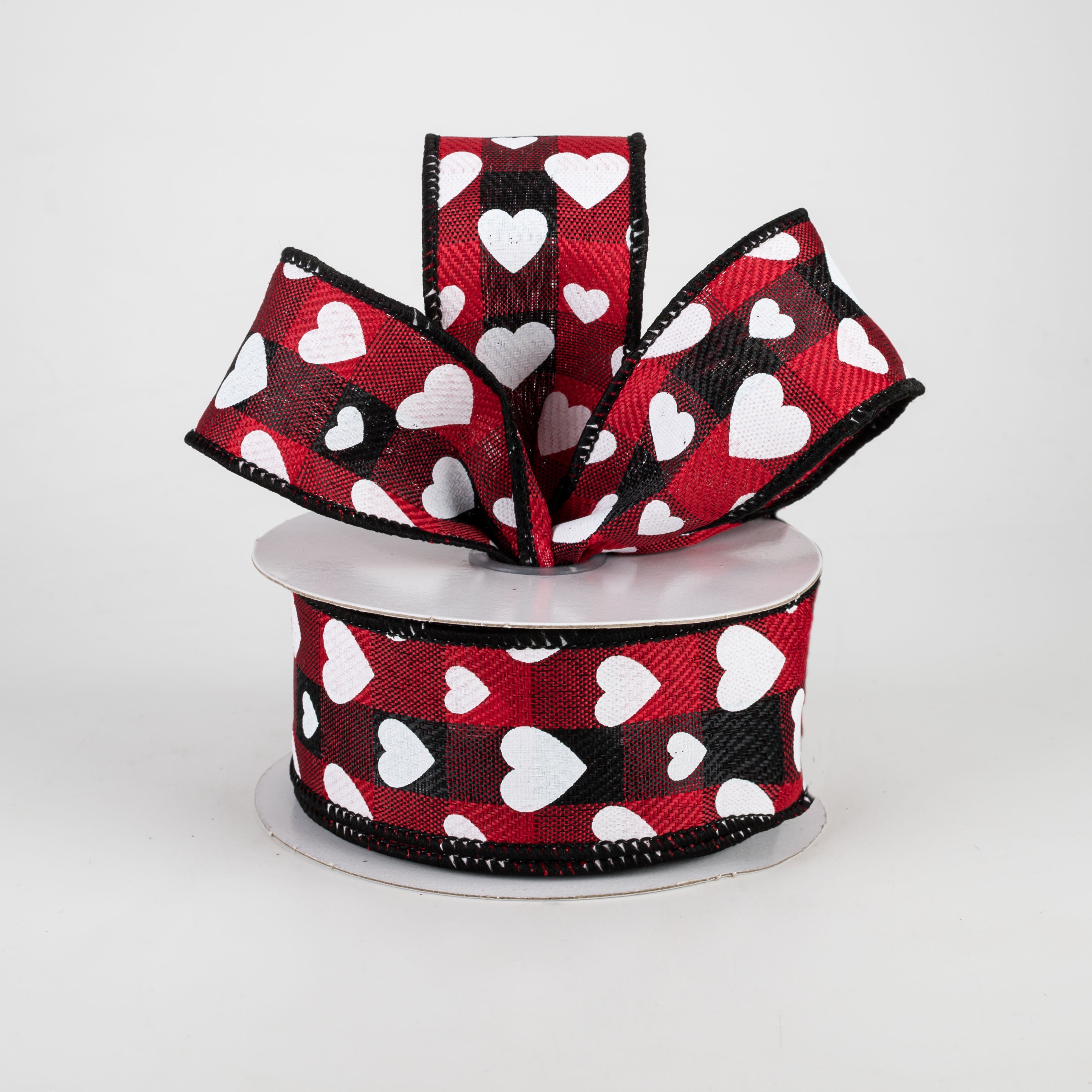 1.5" Hearts On Buffalo Plaid Ribbon: Black, Red, White (10 Yards) Lifestyle Photo