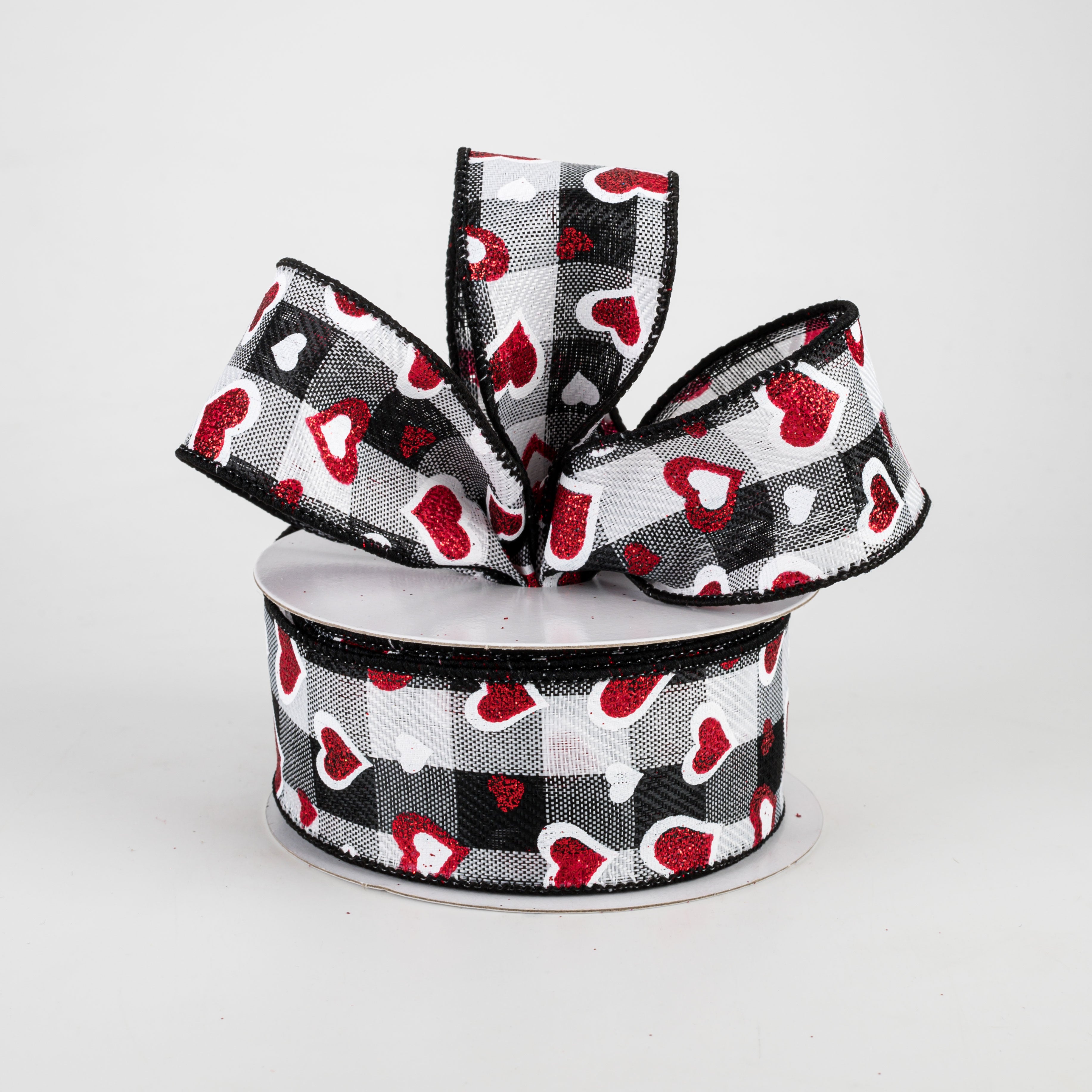 1.5" Hearts On Buffalo Plaid Ribbon: Black, White, Red (10 Yards) Lifestyle Photo