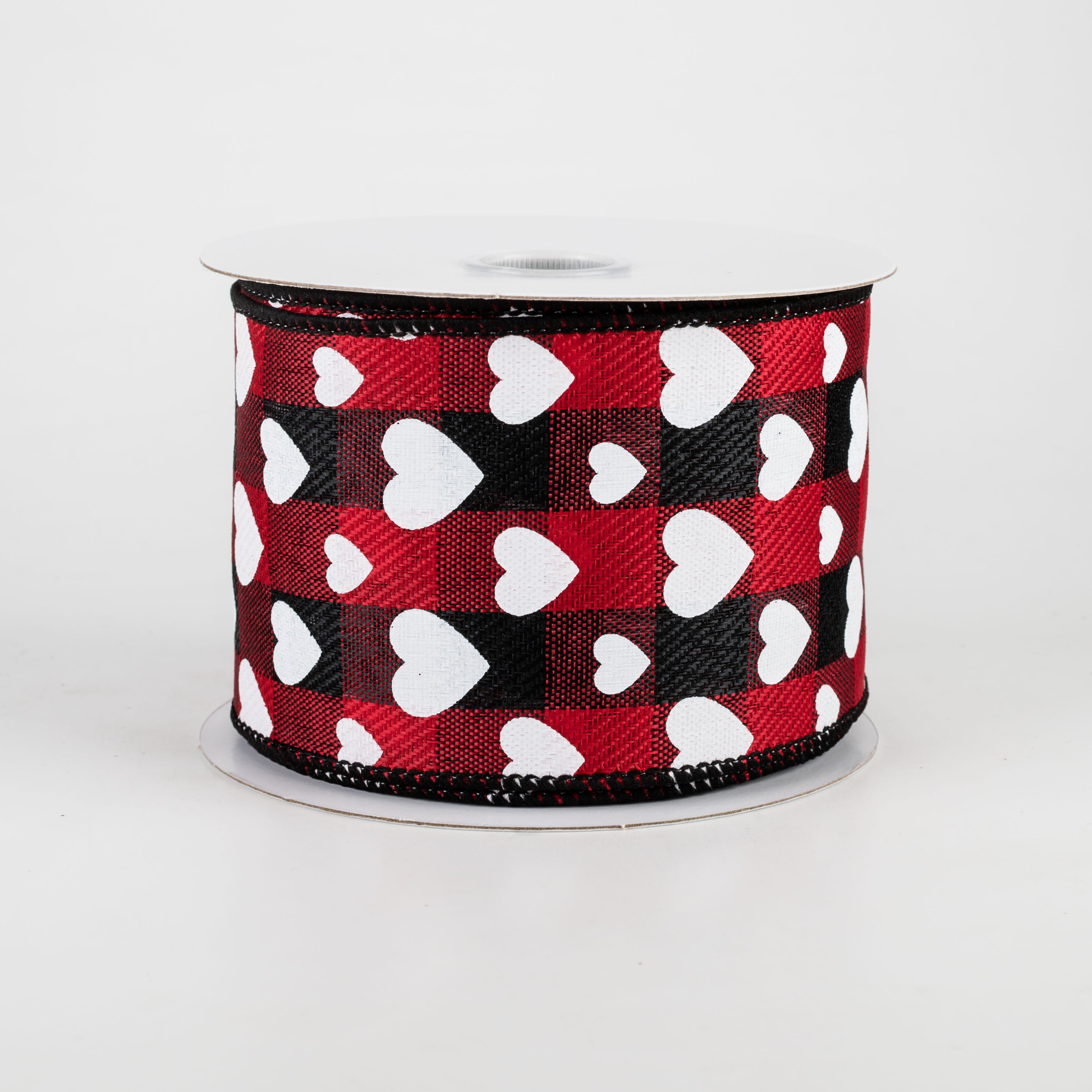2.5" Hearts On Buffalo Plaid Ribbon: Black, Red, White (10 Yards)
