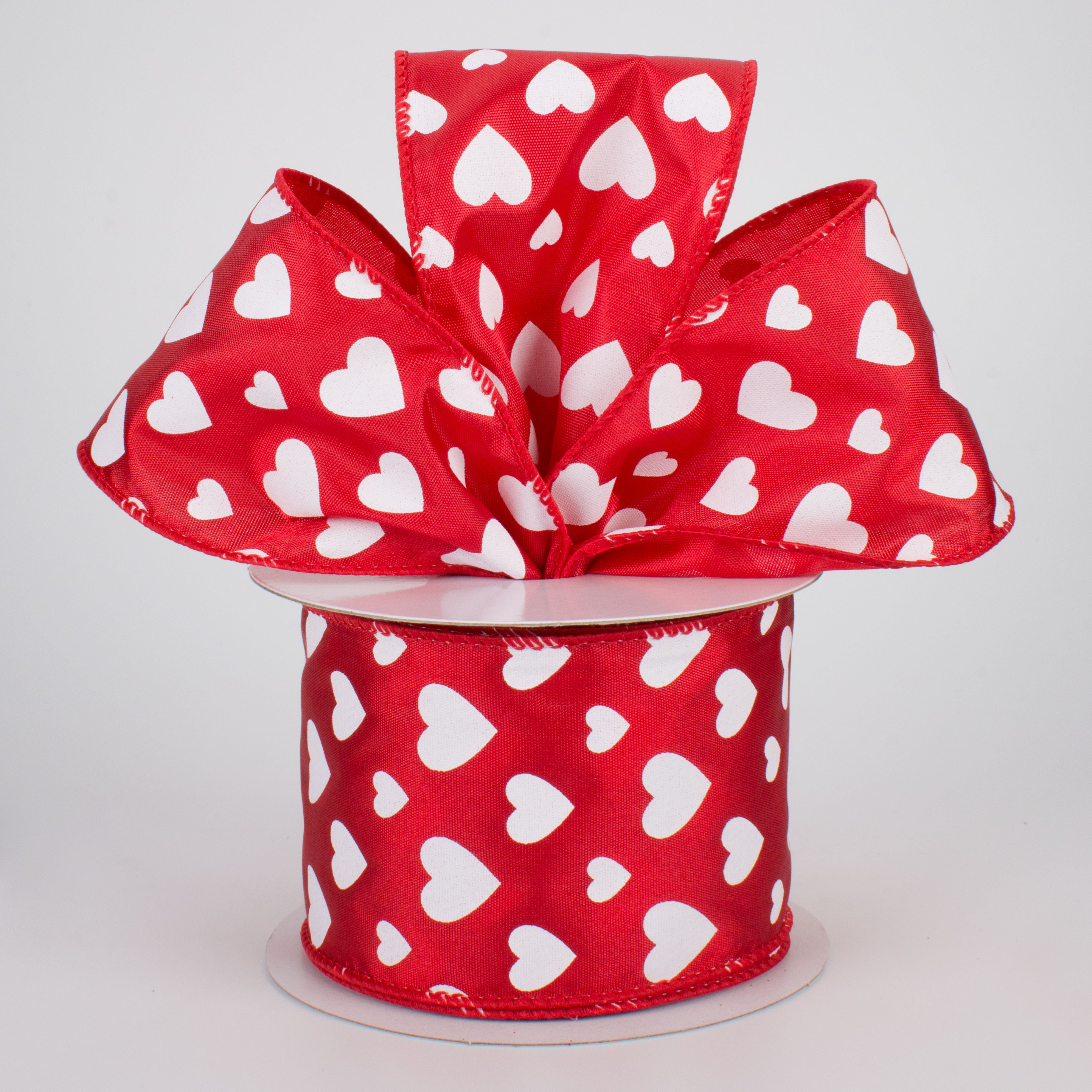 2.5" Hearts Ribbon: White On Red Satin (10 Yards) Lifestyle Photo