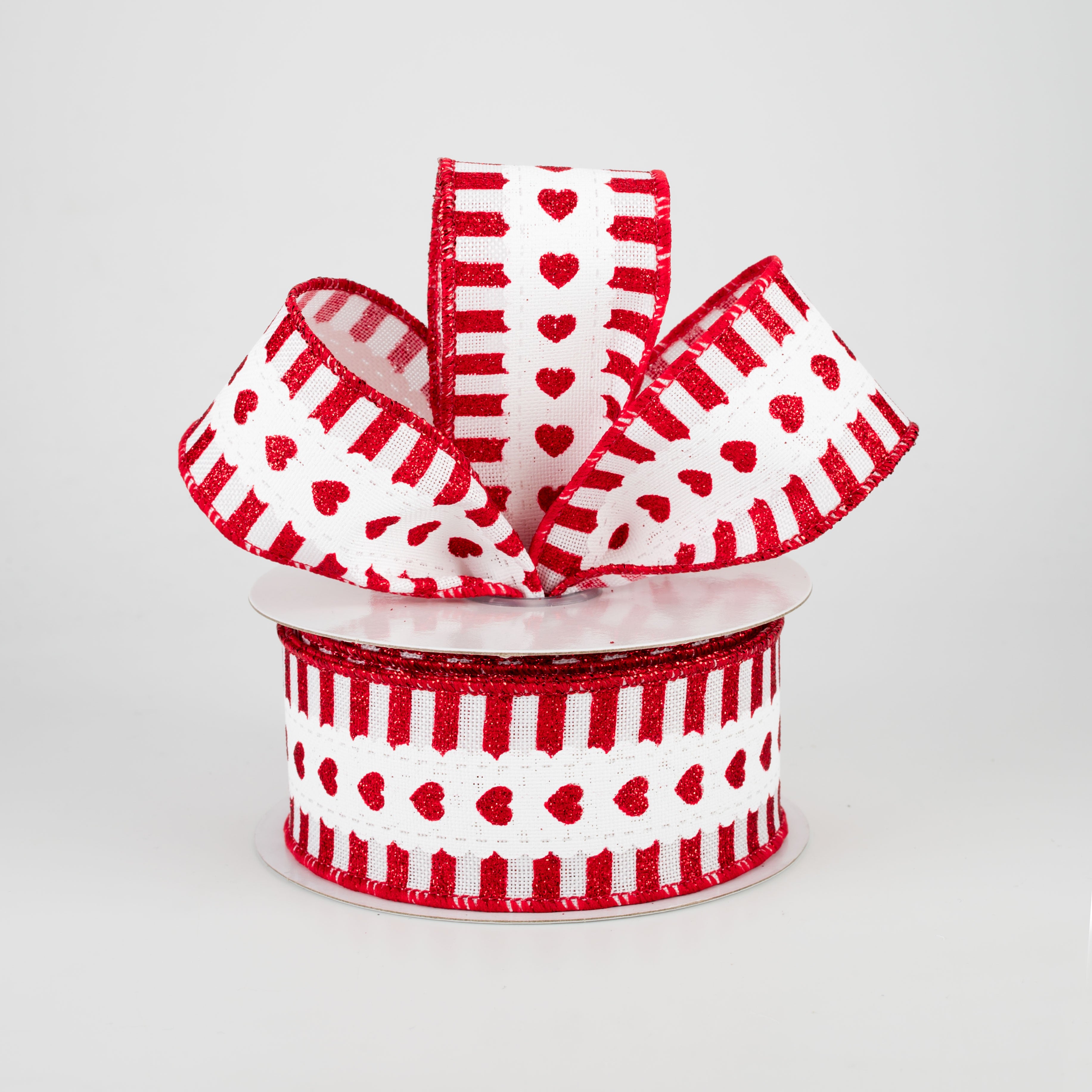 1.5" Hearts & Stripe Ribbon: White, Red (10 Yards) Lifestyle Photo