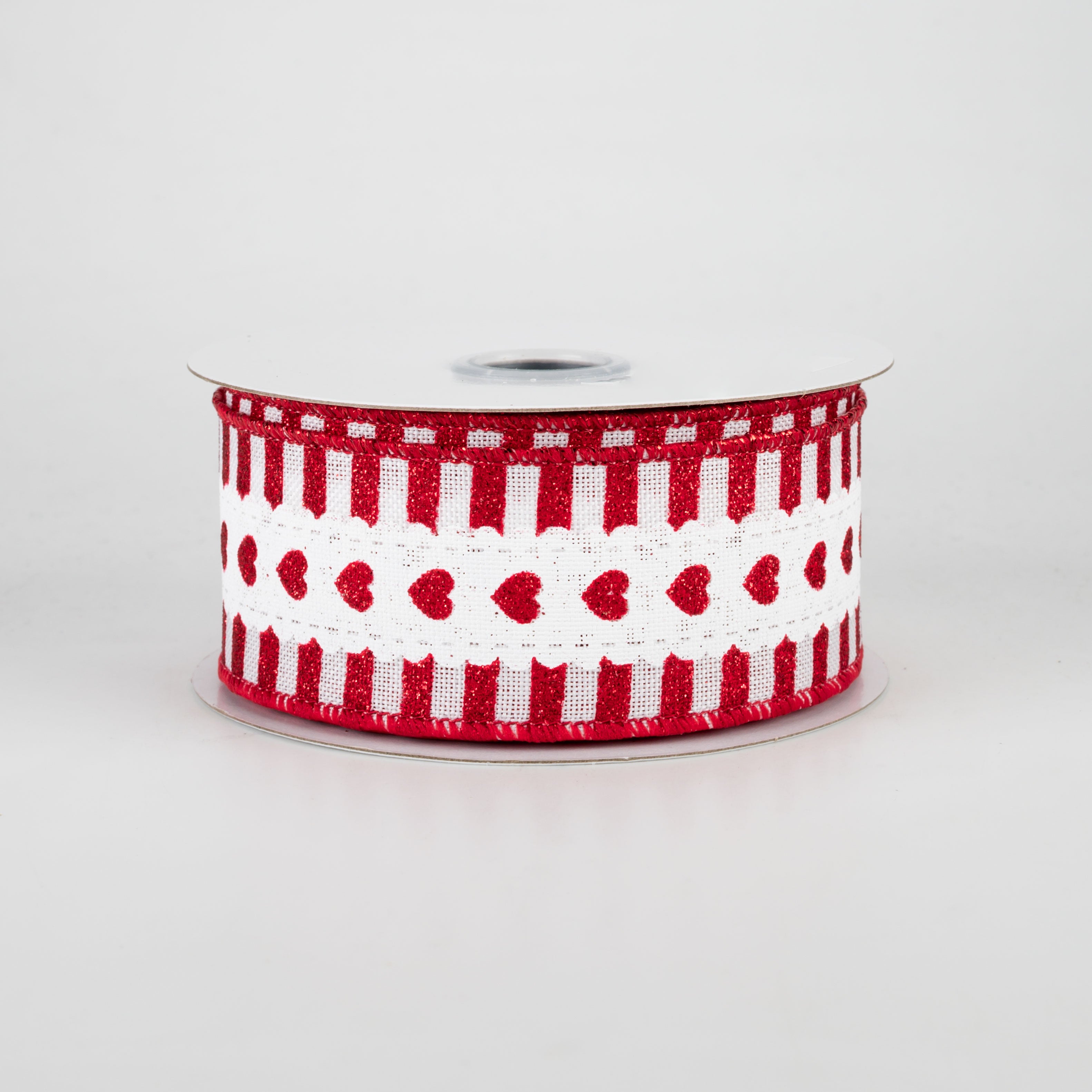 1.5" Hearts & Stripe Ribbon: White, Red (10 Yards)