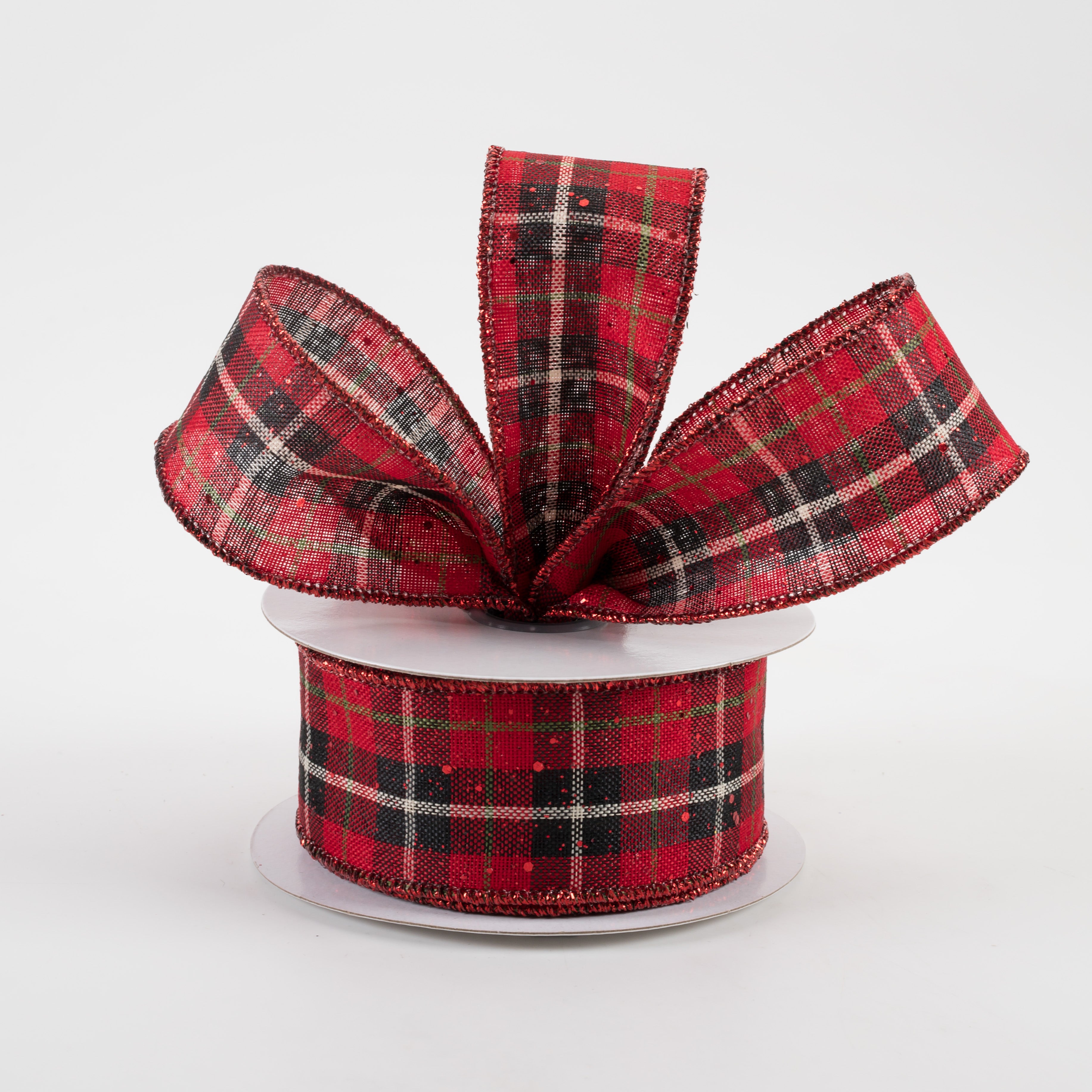 1.5" Hex Glitter Modern Tartan Plaid Ribbon: Red (10 Yards) Lifestyle Photo