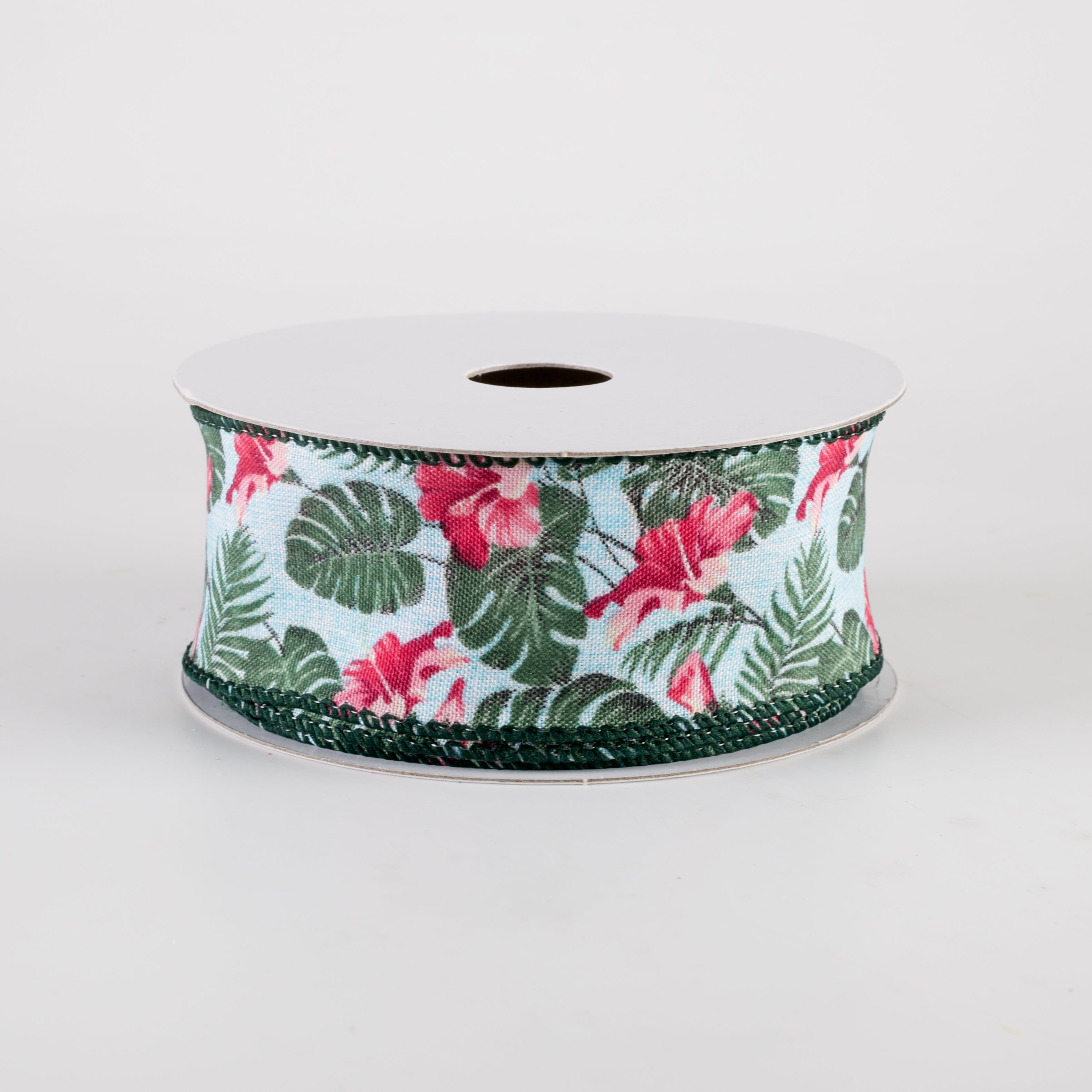 1.5" Hibiscus Monstera Leaves Ribbon: Aqua & Pink (10 Yards)