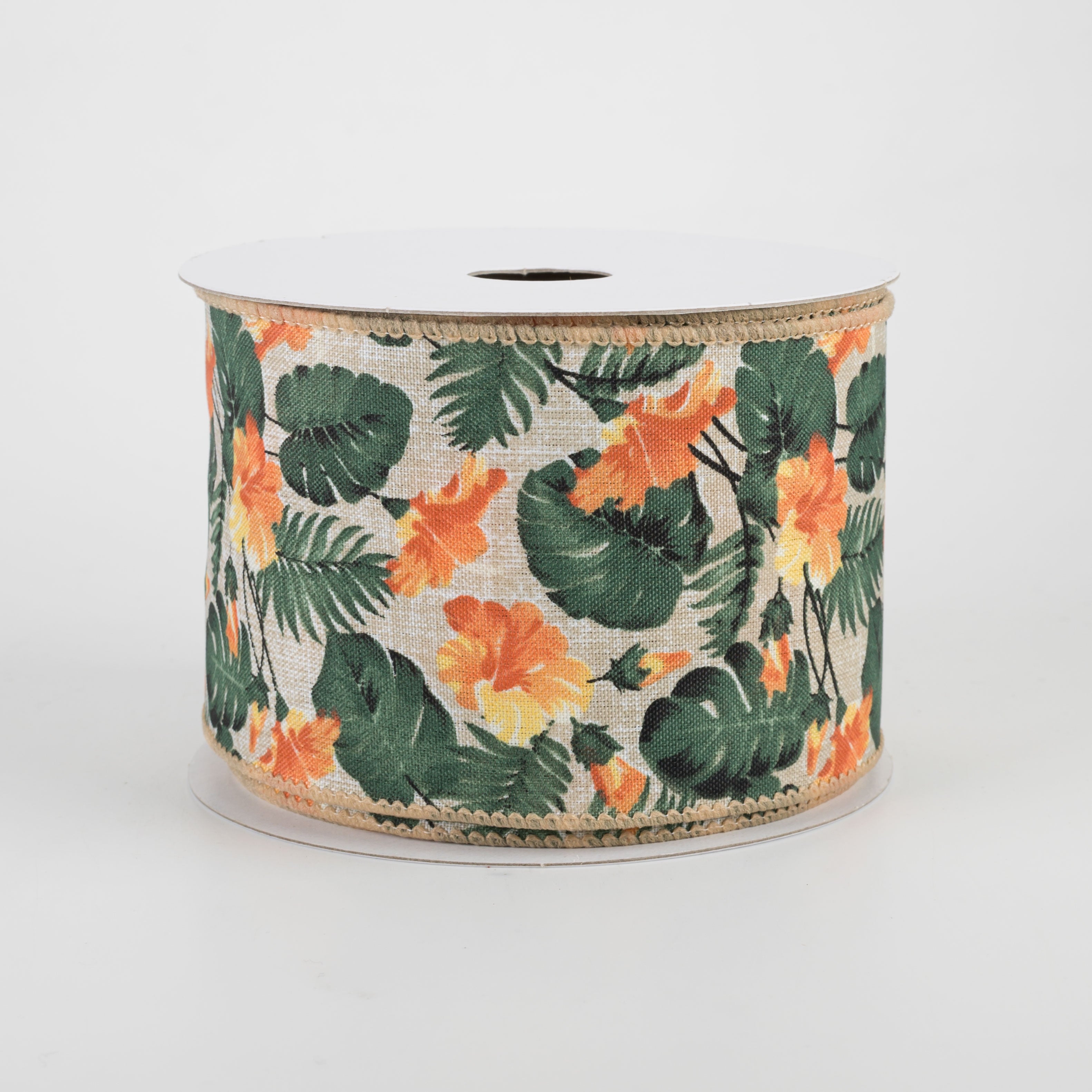 2.5" Hibiscus Monstera Leaves Ribbon: Natural & Orange (10 Yards) Item Number: 41139-40-22