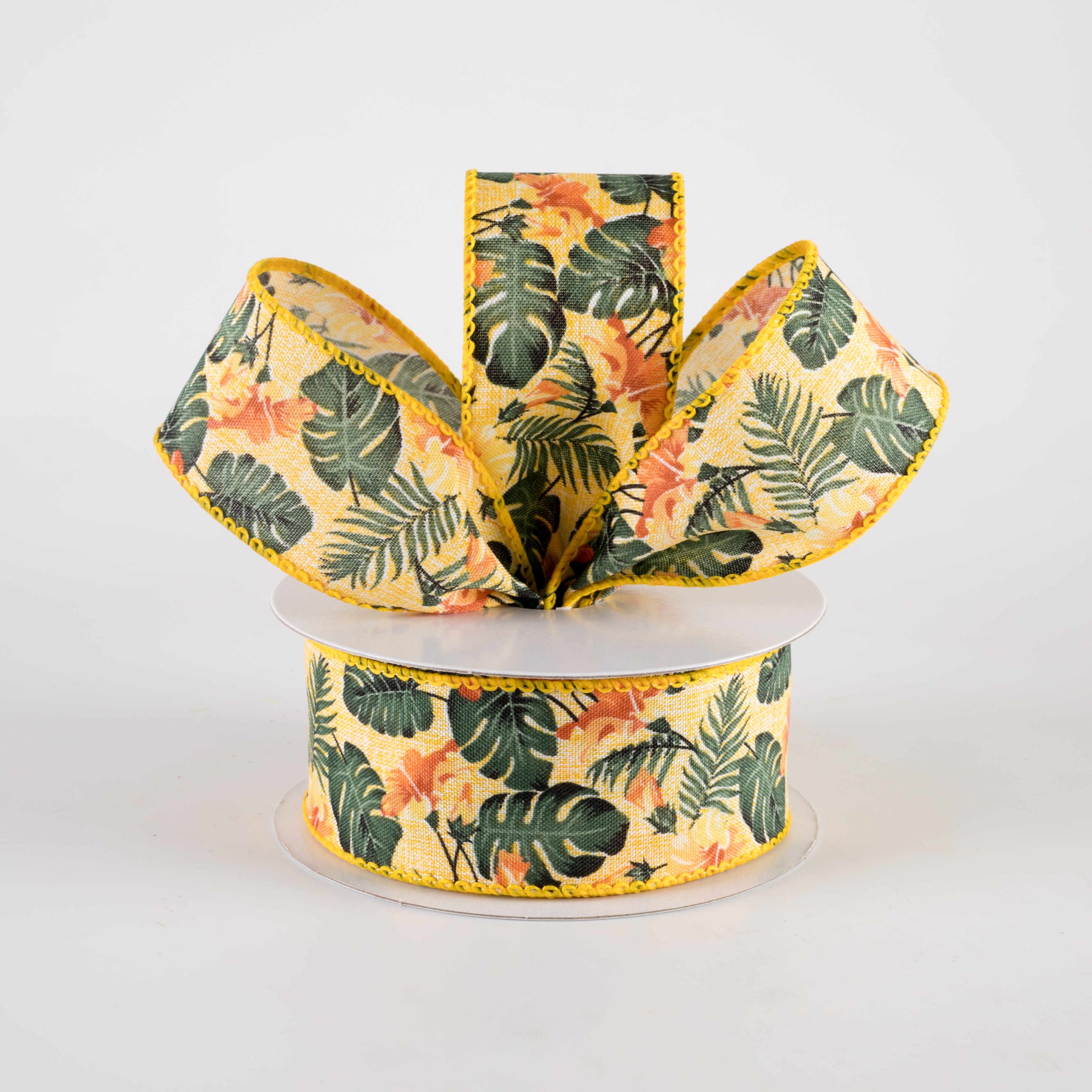 1.5" Hibiscus Monstera Leaves Ribbon: Yellow & Orange (10 Yards) Lifestyle Photo