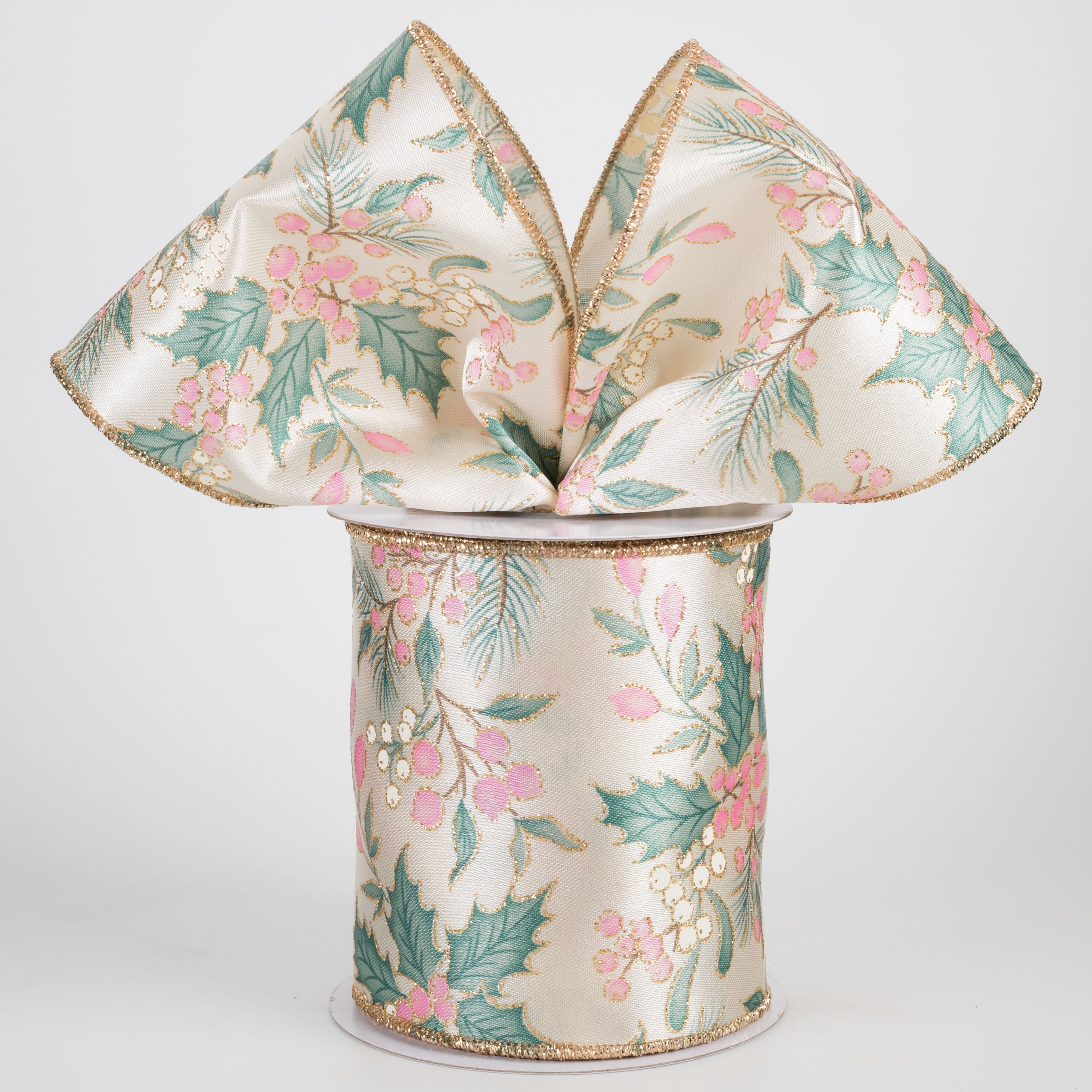 4" Holly Berries & Pine Ribbon: Cream, Sage & Pink (10 Yards) Lifestyle Photo