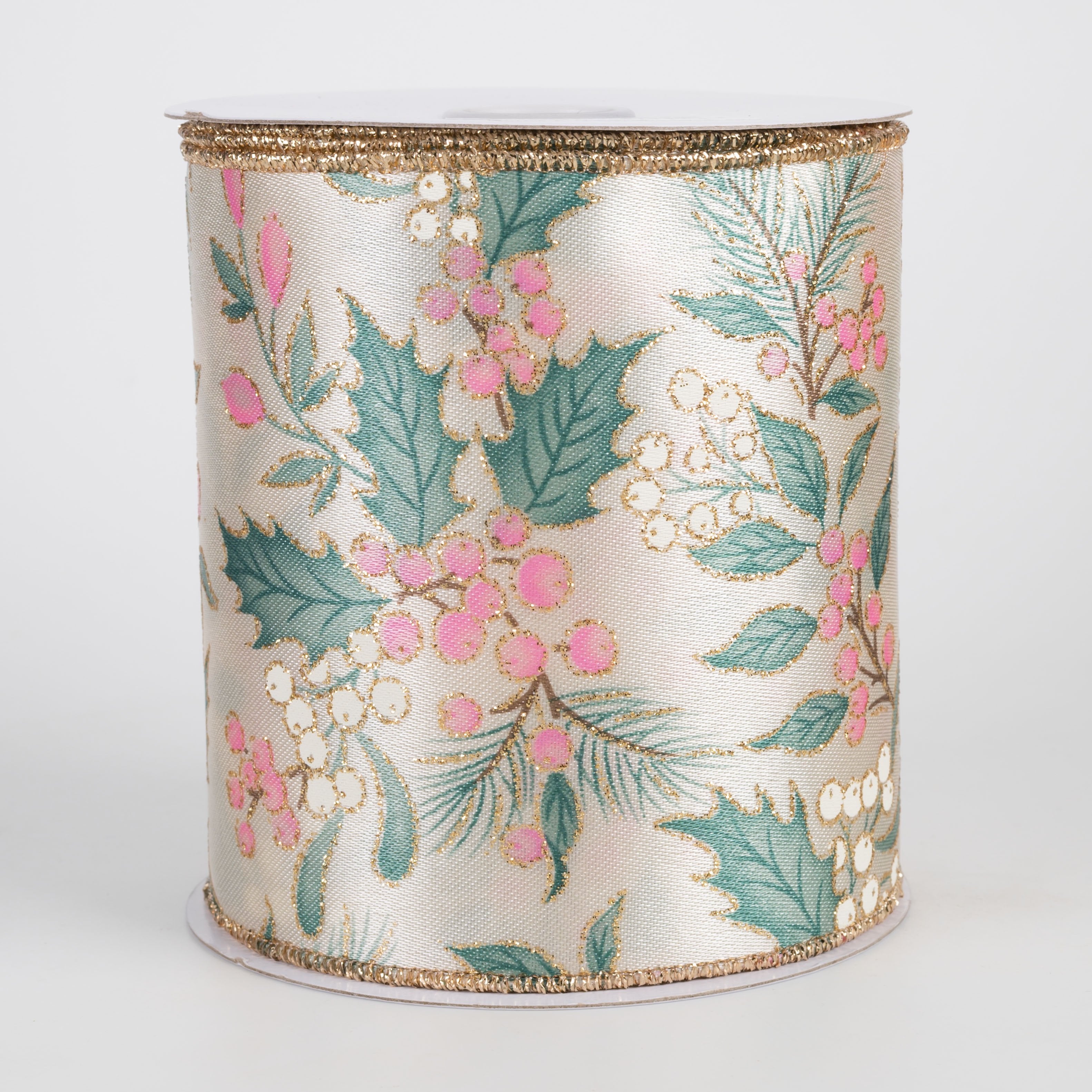 4" Holly Berries & Pine Ribbon: Cream, Sage & Pink (10 Yards) Item Number: RGH1401RJ