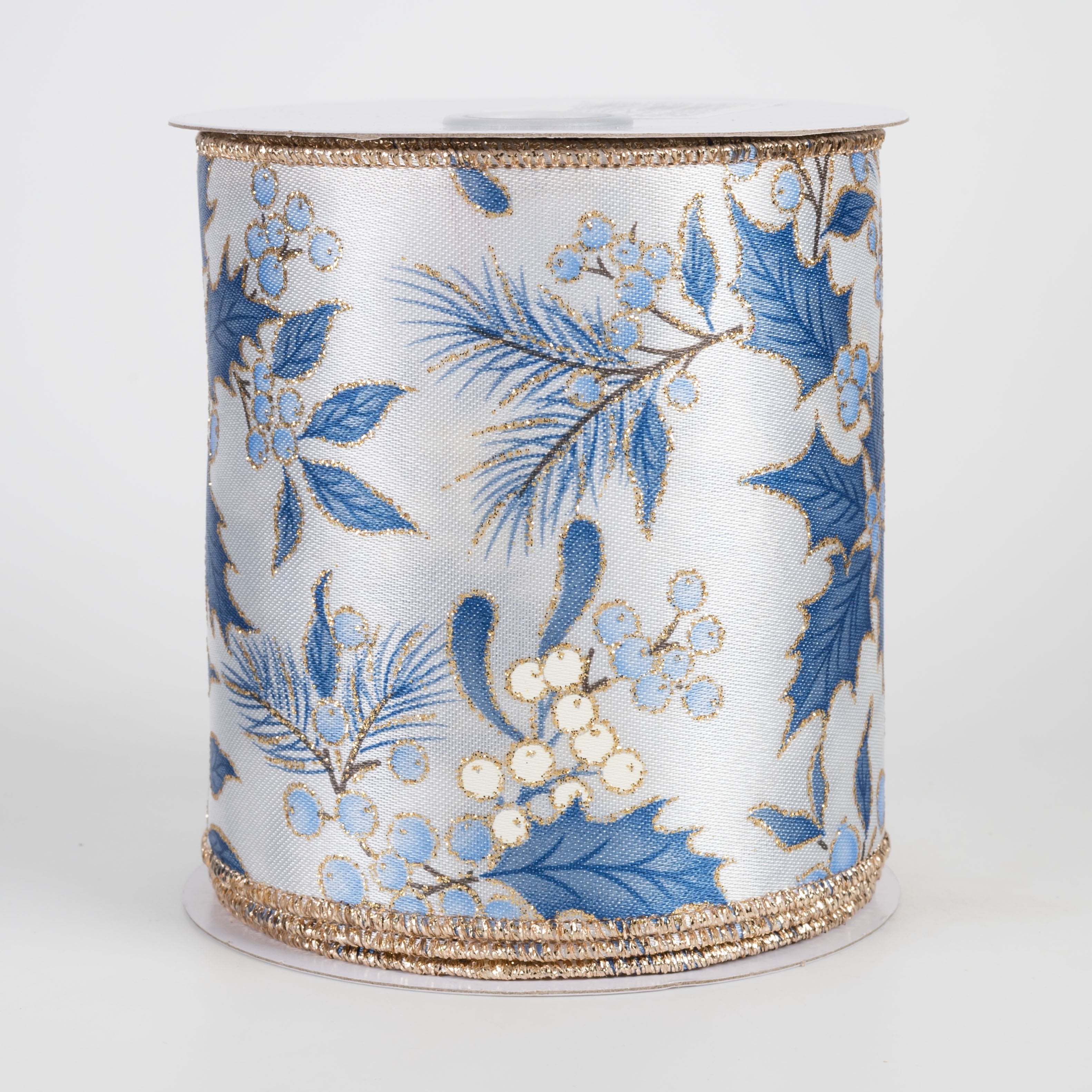 4" Holly Berries & Pine Ribbon: White, Blue & Champagne (10 Yards) Item Number: RGH140196