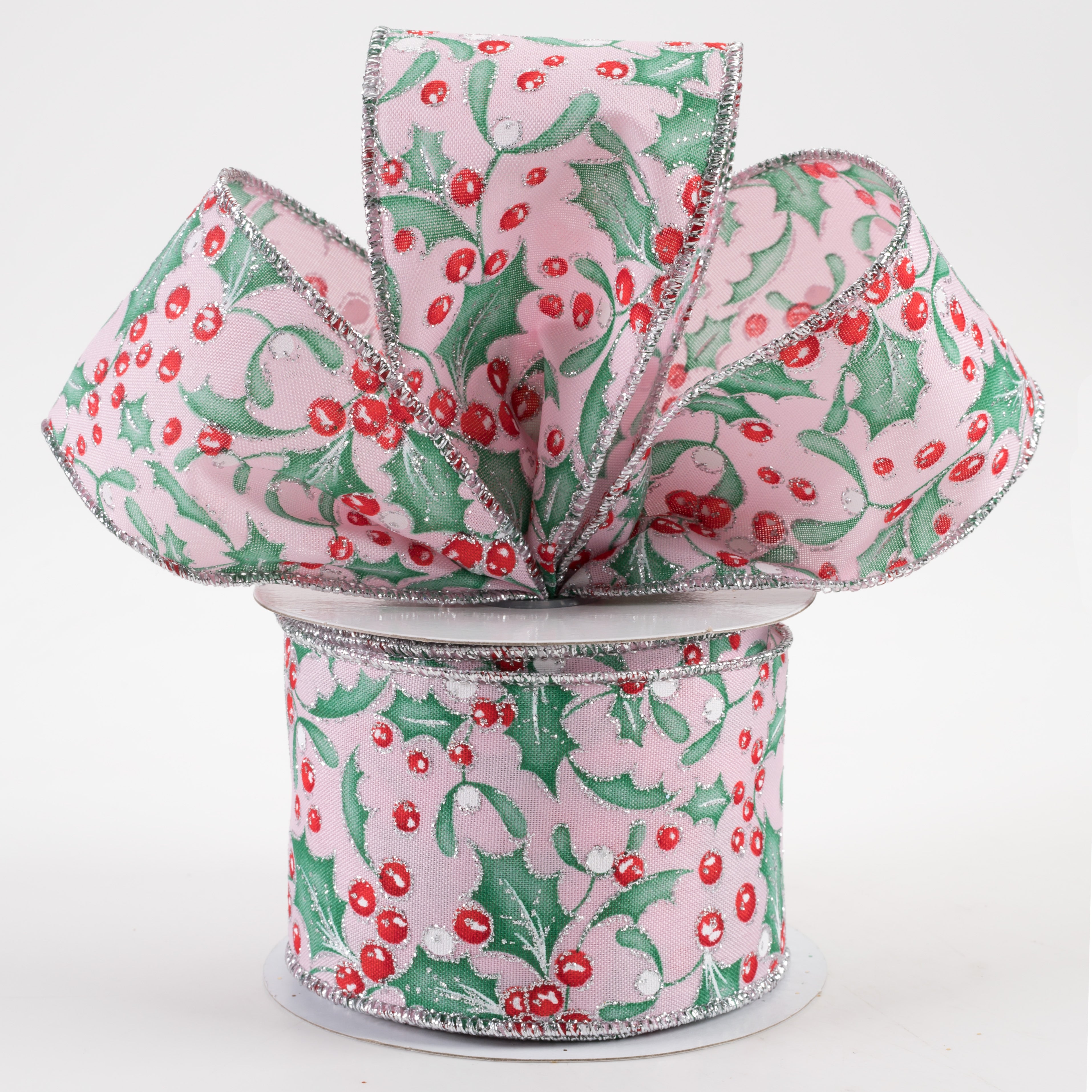 2.5" Holly Berry Mistletoe Ribbon: Pink, Mint, Jade, Red, Silver (10 Yards) Lifestyle Photo