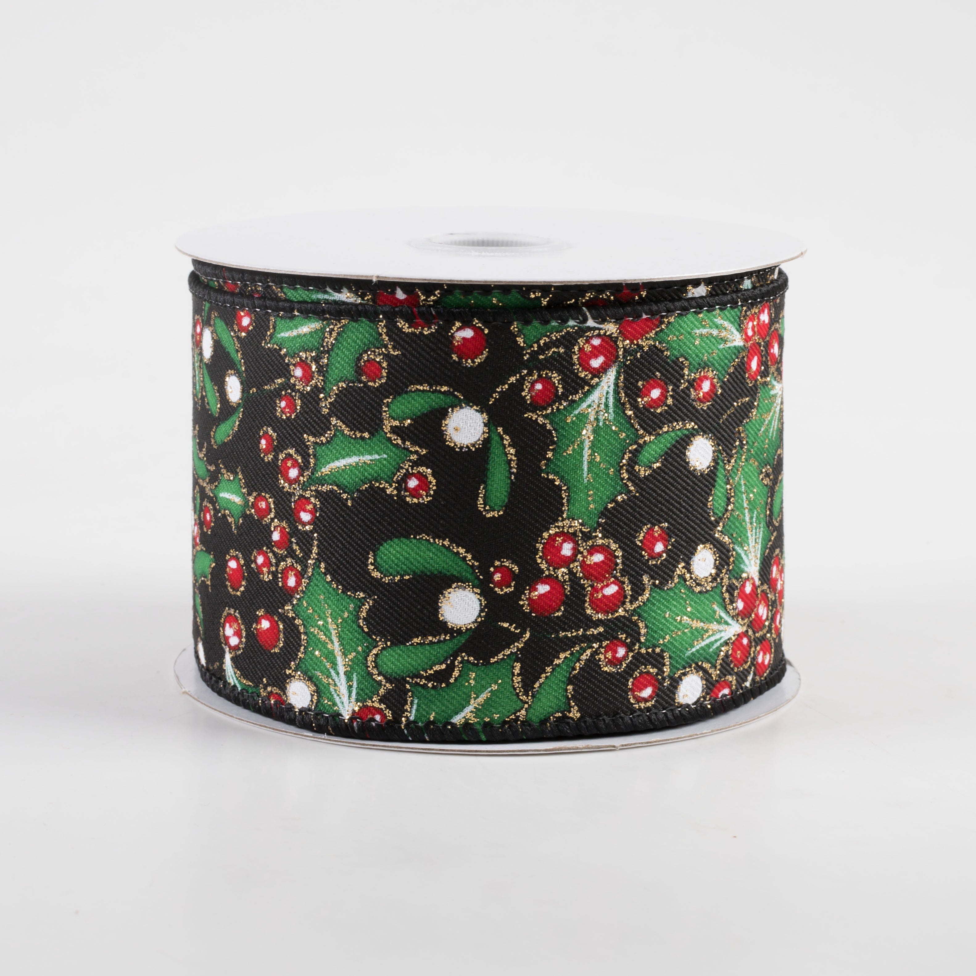 2.5" Holly Gold Glitter Ribbon: Black (10 Yards)