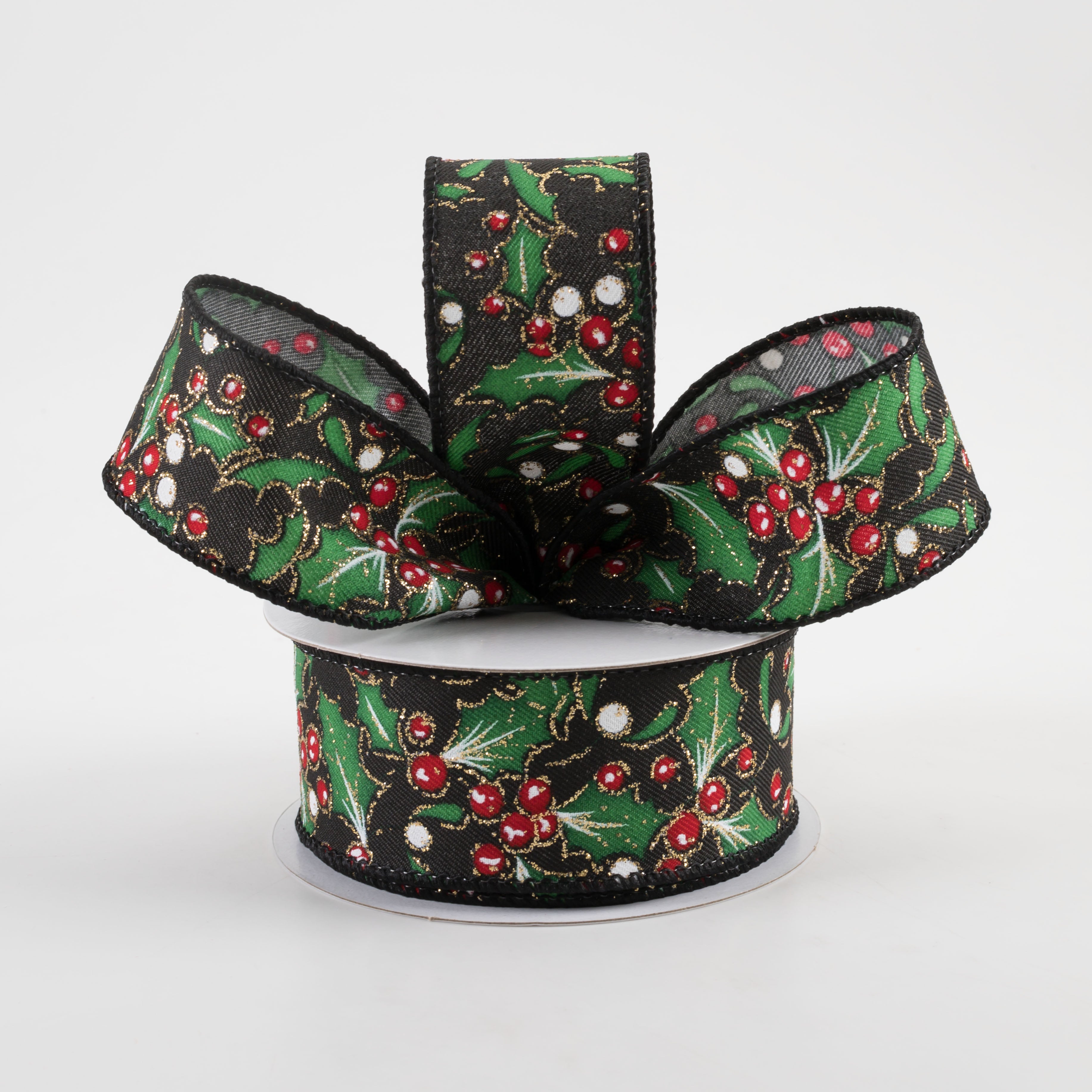 1.5" Holly Gold Glitter Ribbon: Black (10 Yards) Lifestyle Photo