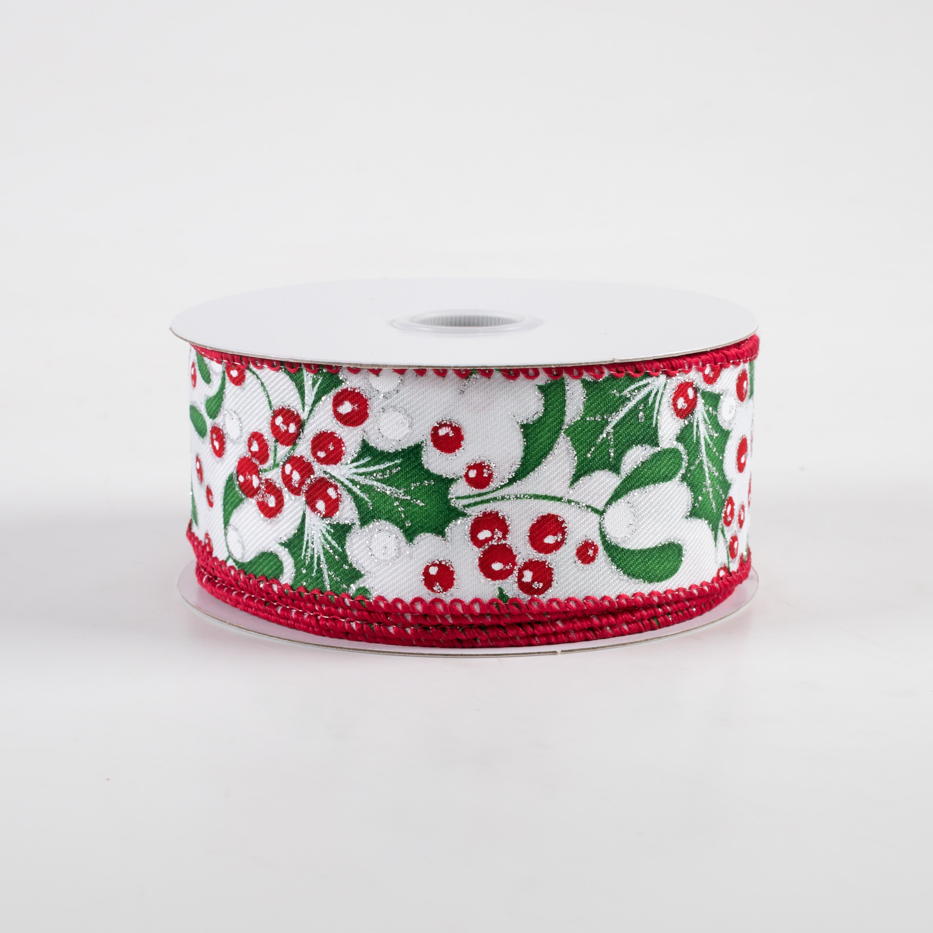 1.5” Holly Silver Glitter Ribbon: White (10 Yards)