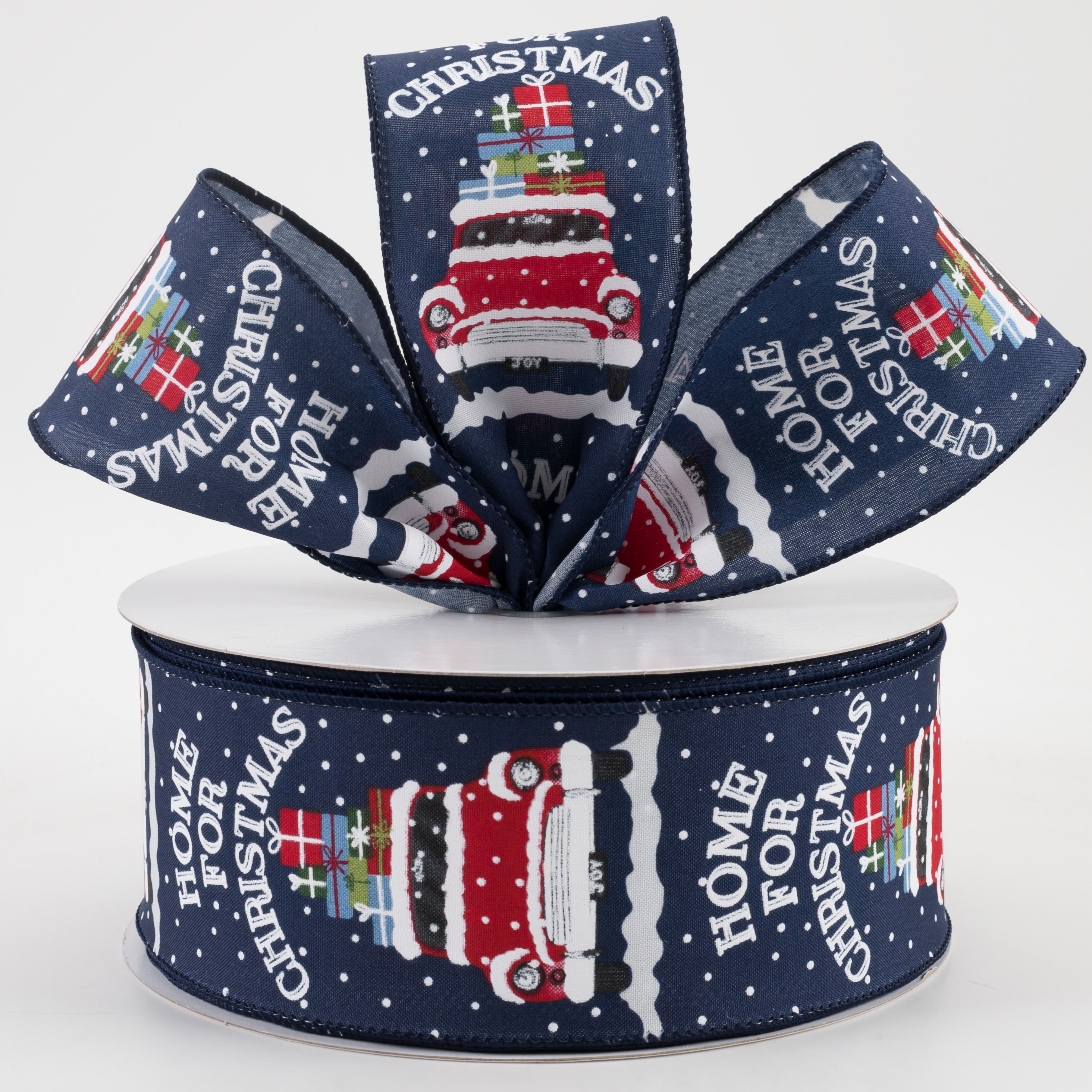 2.5" Home For Christmas Car Satin Ribbon: Navy (50 Yards) Lifestyle Photo