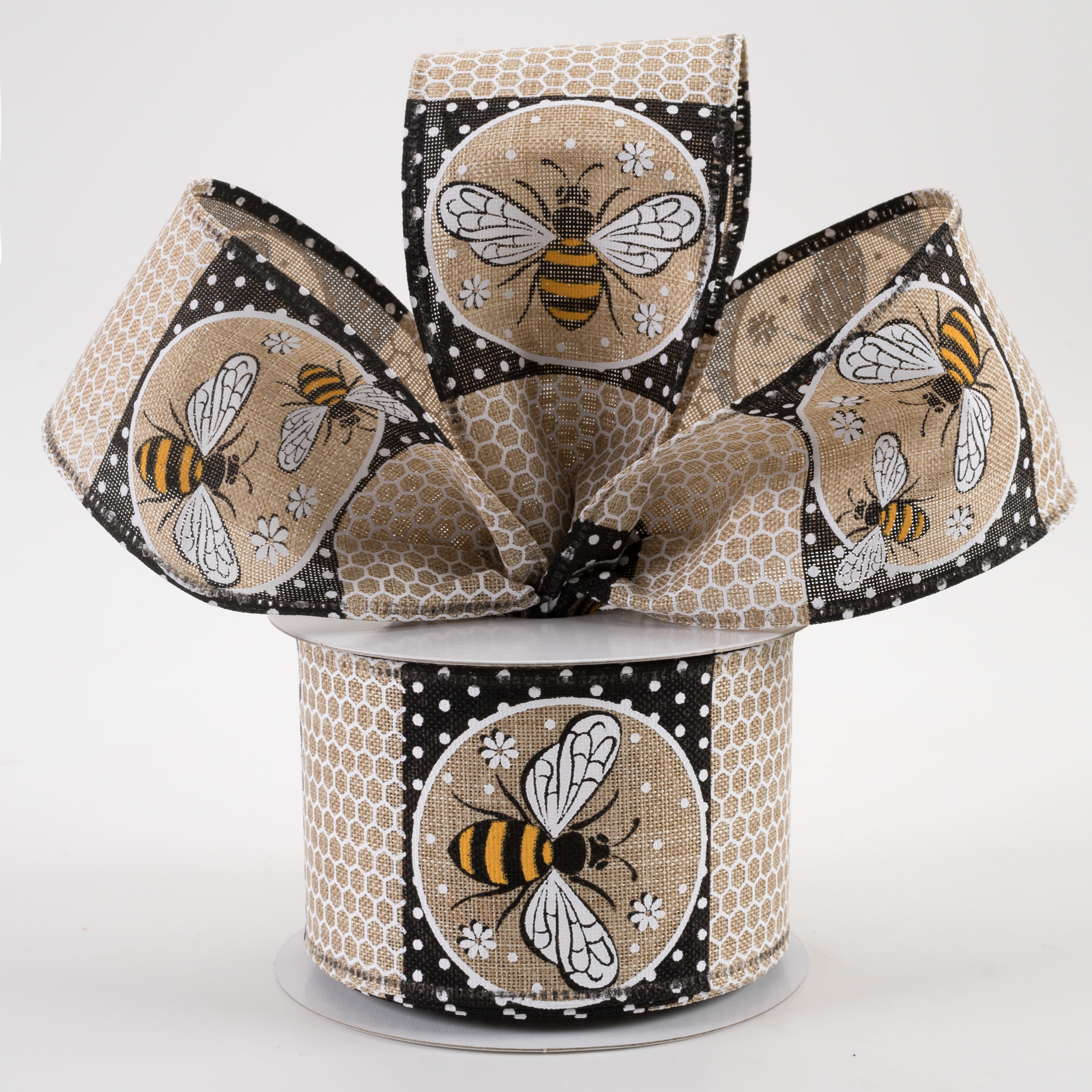 2.5" Honeycomb Bee Circles Linen Ribbon: Natural (10 Yards) Lifestyle Photo