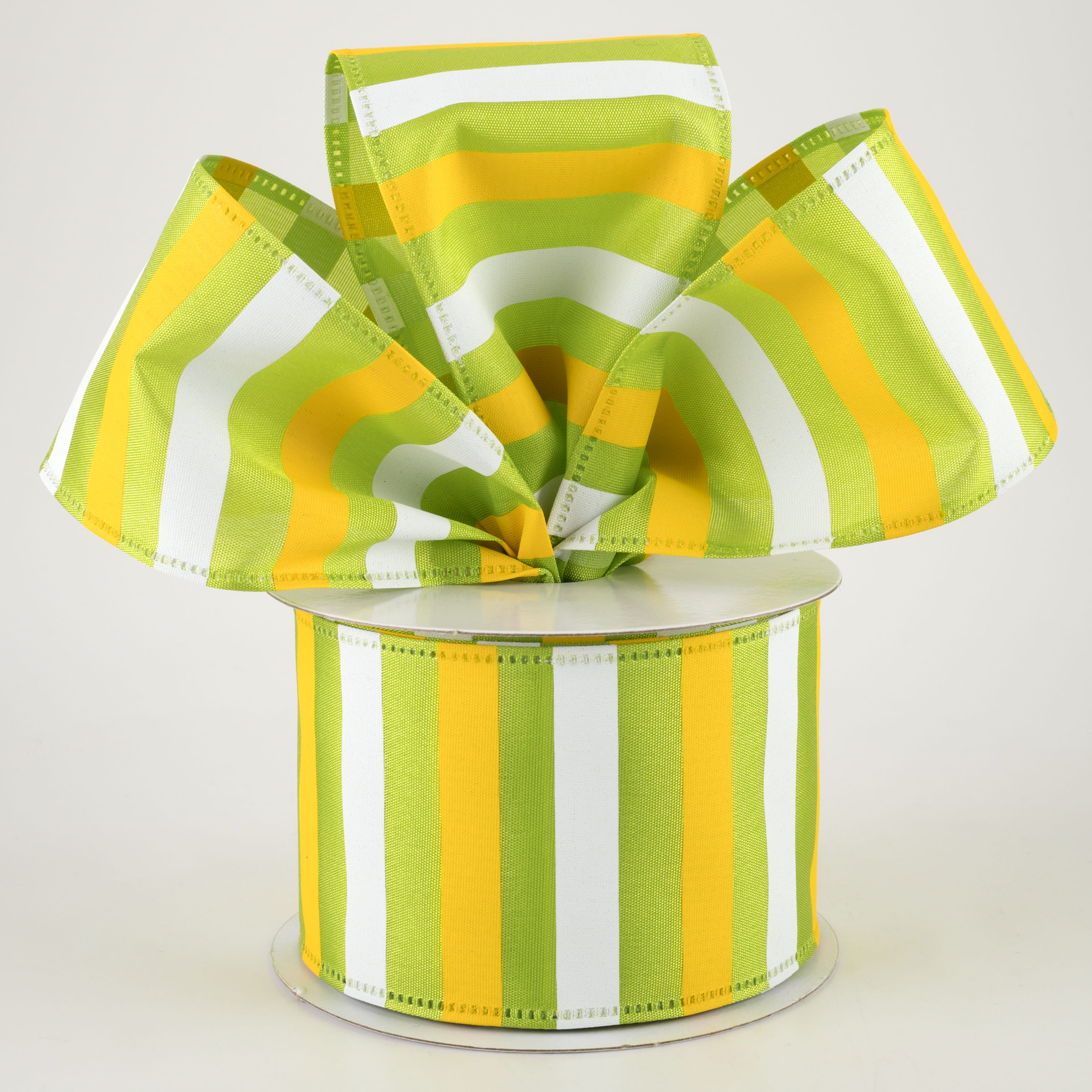 2.5" Horizontal Stripes Satin Ribbon: Yellow & White on Green (10 Yards) Lifestyle Photo