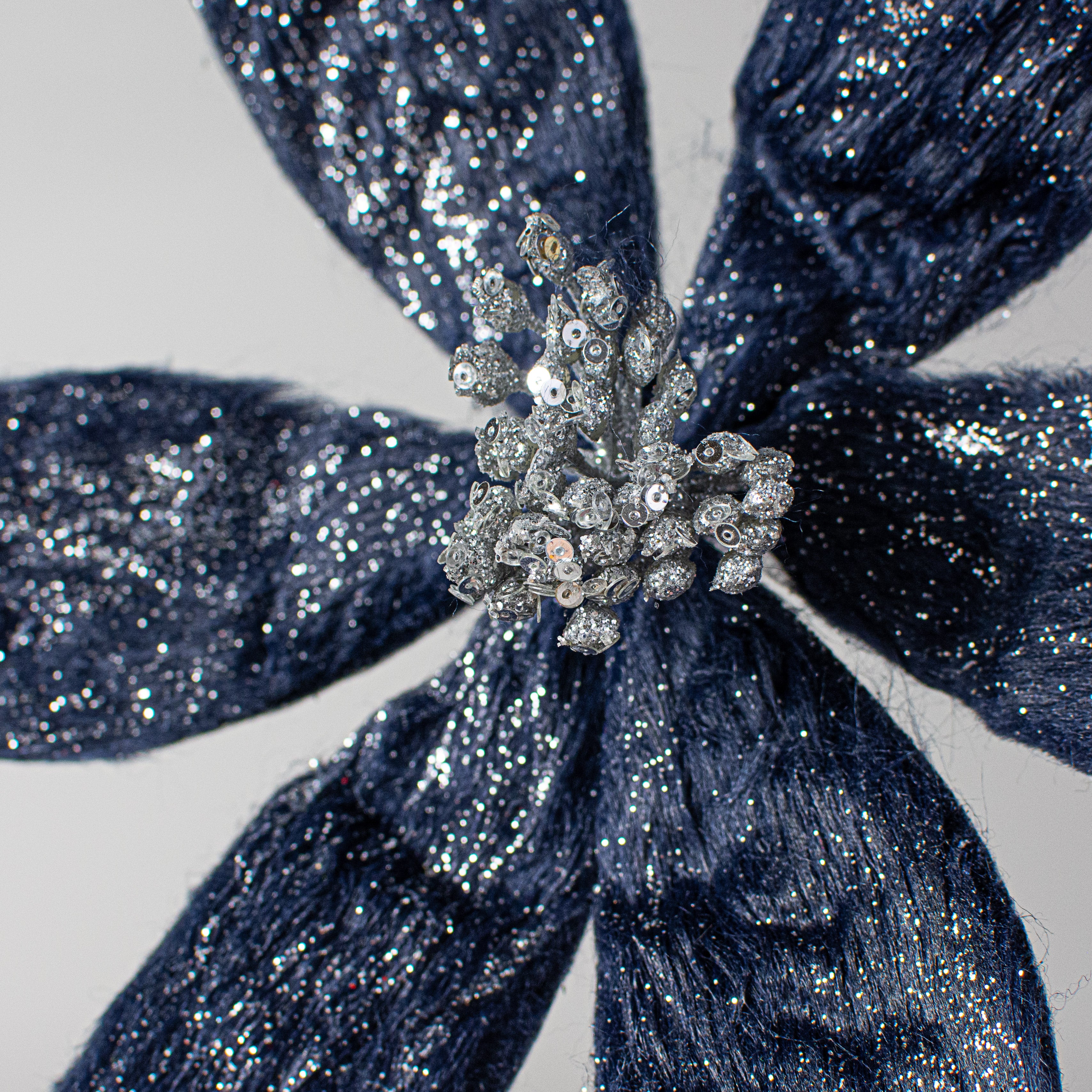 22" Iced Faux Fur Poinsettia Stem: Midnight Blue Lifestyle Photo