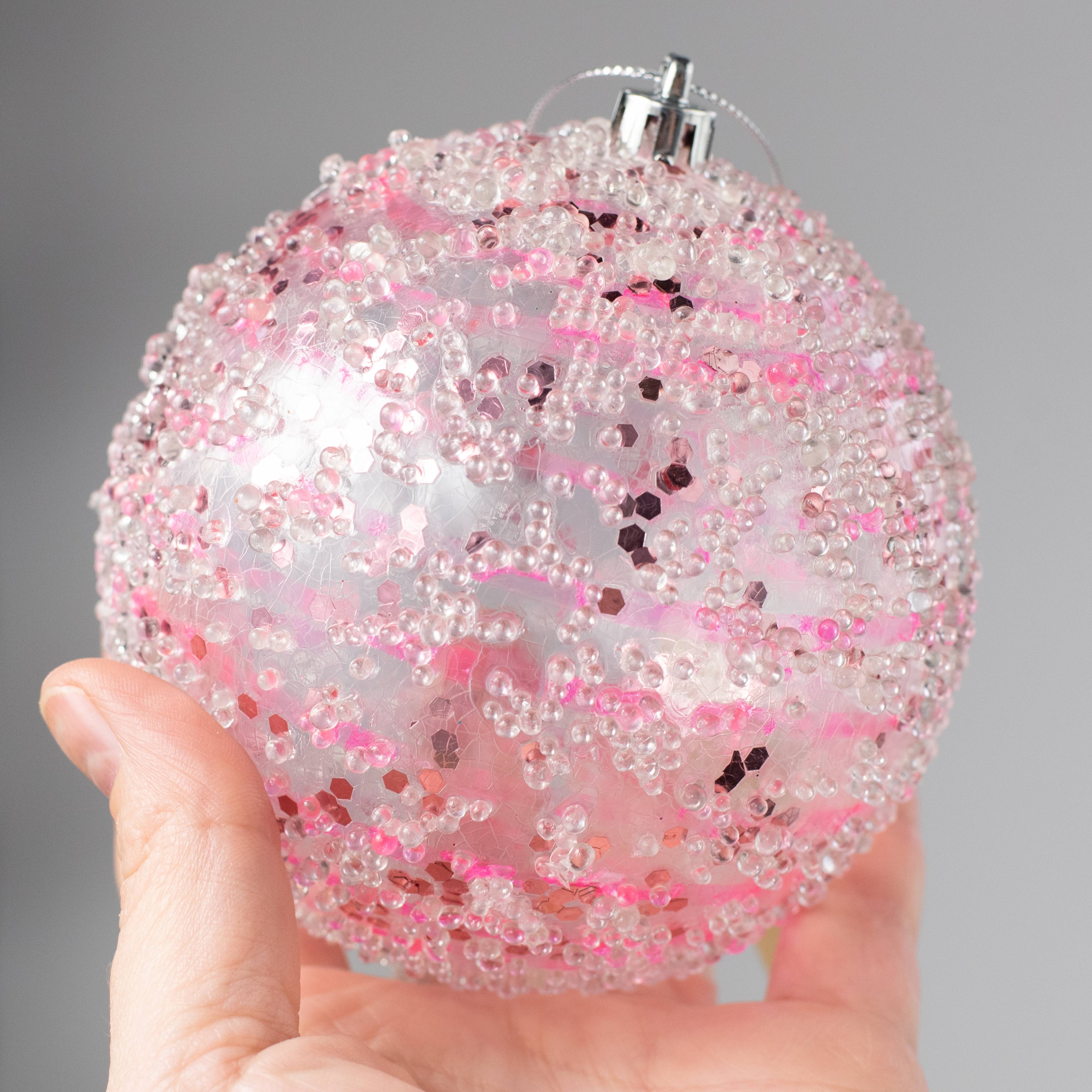 4" Iced Sequin Ball Ornament: Pink detail photo 3