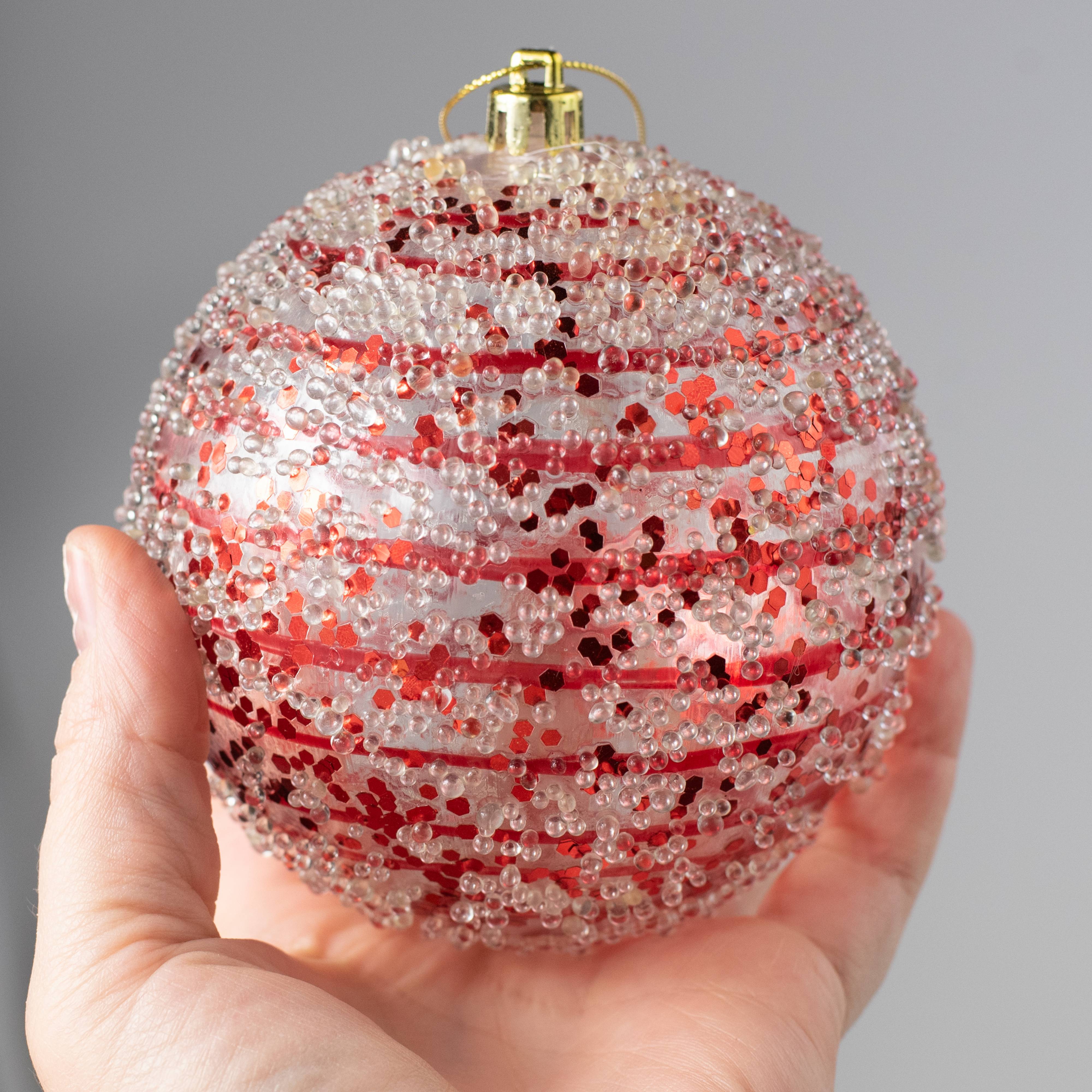 4" Iced Sequin Ball Ornament: Red detail photo 3