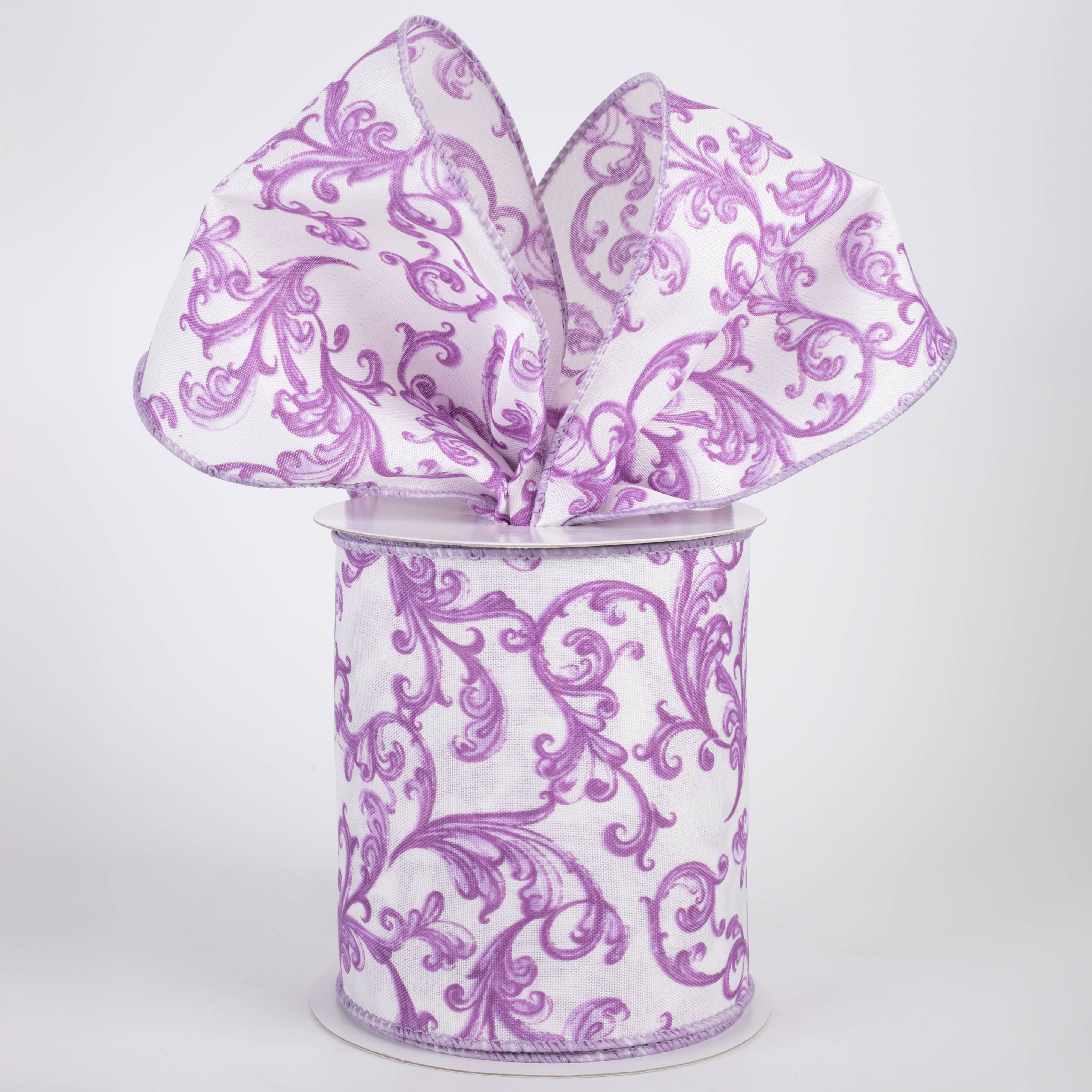 4" Satin Chinoiserie Swirls Ribbon: Purple on White (10 Yards)