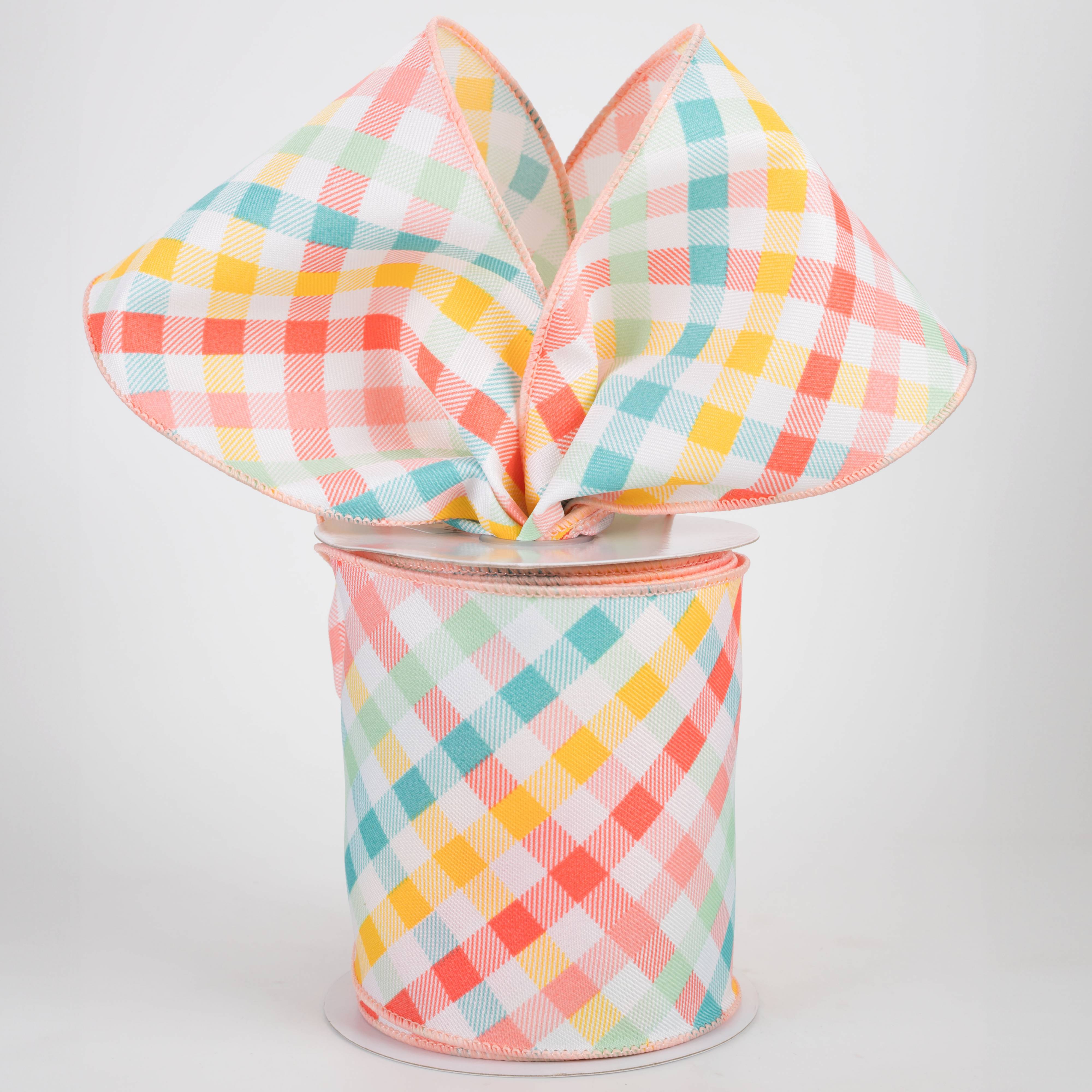4" Multicolor Plaid on Diagonal Weave Ribbon: Bright Pastels (10 Yards)