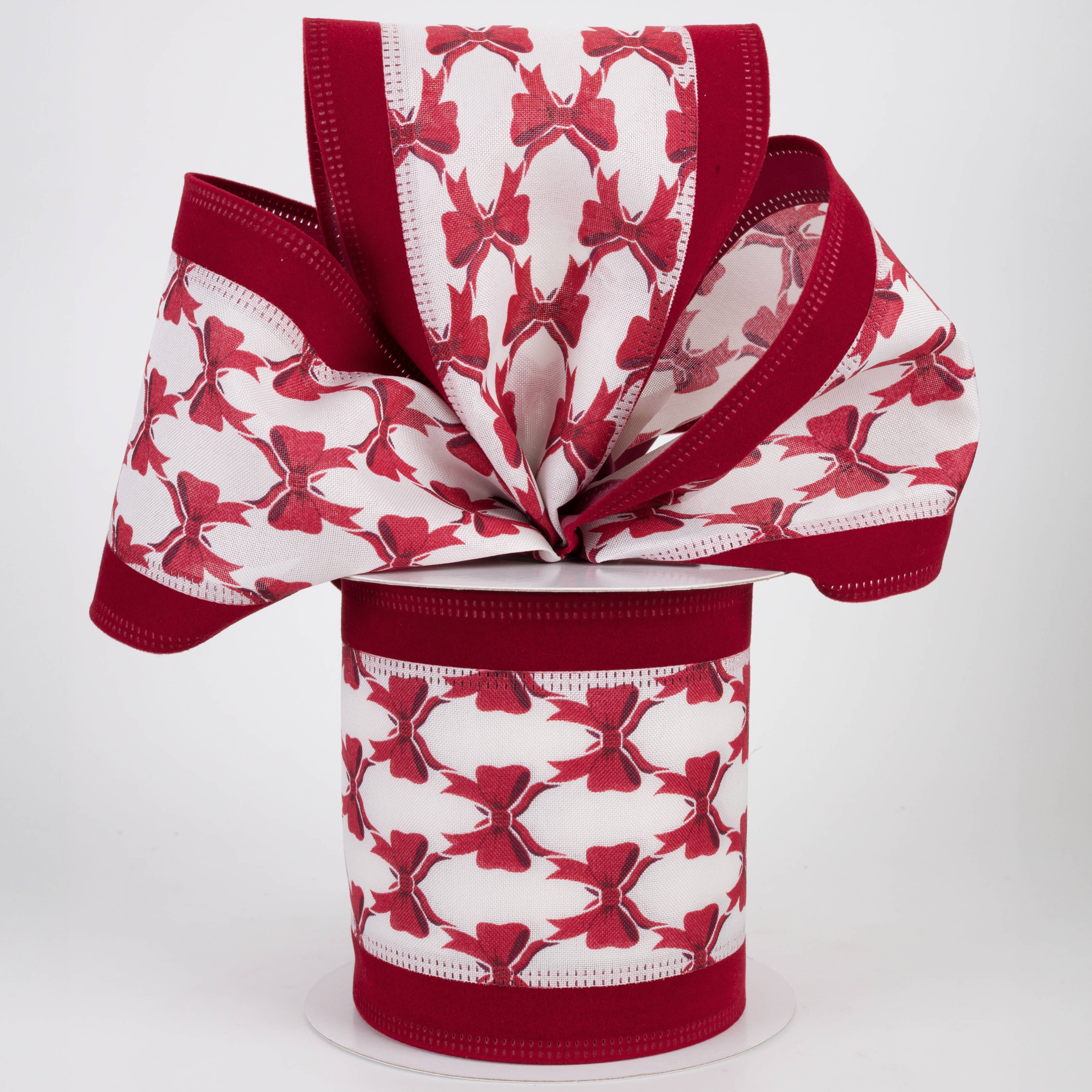 4" Patterned Bows Velvet Edge Ribbon: Dark Red on Ivory (10 Yards)
