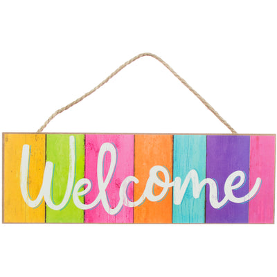 15" Wooden Sign: Multicolor Welcome Fence