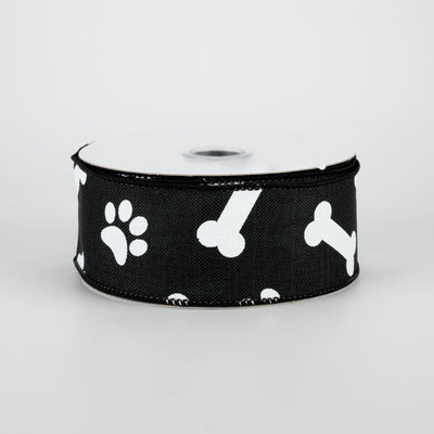 1.5" Paw Print & Bones Ribbon: Black & White (10 Yards)