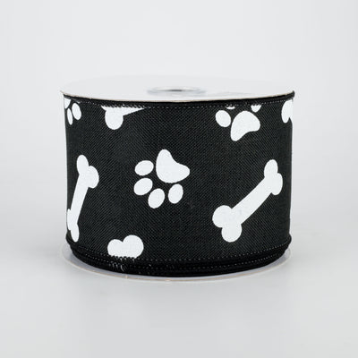 2.5" Paw Print & Bones Ribbon: Black & White (10 Yards)