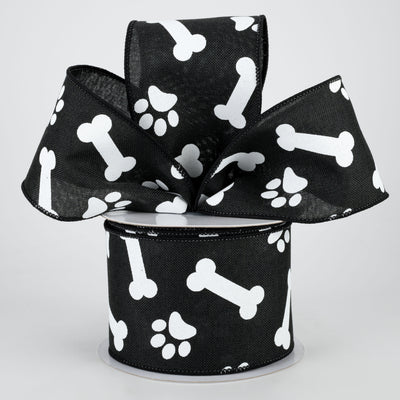 2.5" Paw Print & Bones Ribbon: Black & White (10 Yards)