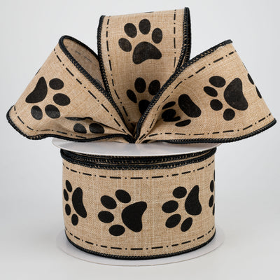 2.5" Paw Prints Ribbon: Light Beige & Black (10 Yards)