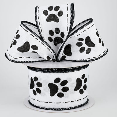 2.5" Paw Prints Ribbon: White & Black (10 Yards)