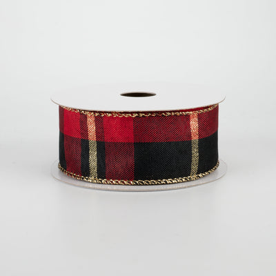 1.5" Plaid Ribbon: Red, Black, Gold (10 Yards)