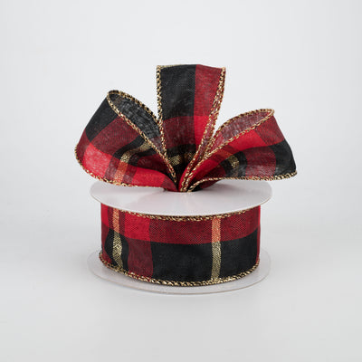 1.5" Plaid Ribbon: Red, Black, Gold (10 Yards)
