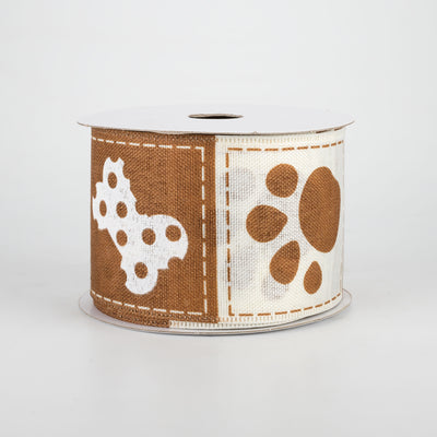 2.5" Doggie Paw Prints Bones Ribbon: Brown & Ivory (10 Yards)