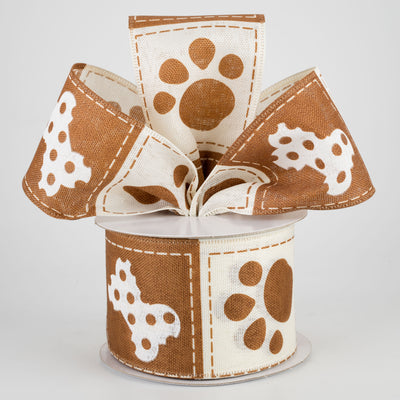 2.5" Doggie Paw Prints Bones Ribbon: Brown & Ivory (10 Yards)
