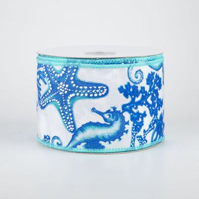2.5" Seahorse, Starfish, Coral Ribbon: Blue (10 Yards)