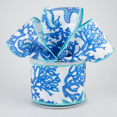2.5" Seahorse, Starfish, Coral Ribbon: Blue (10 Yards)