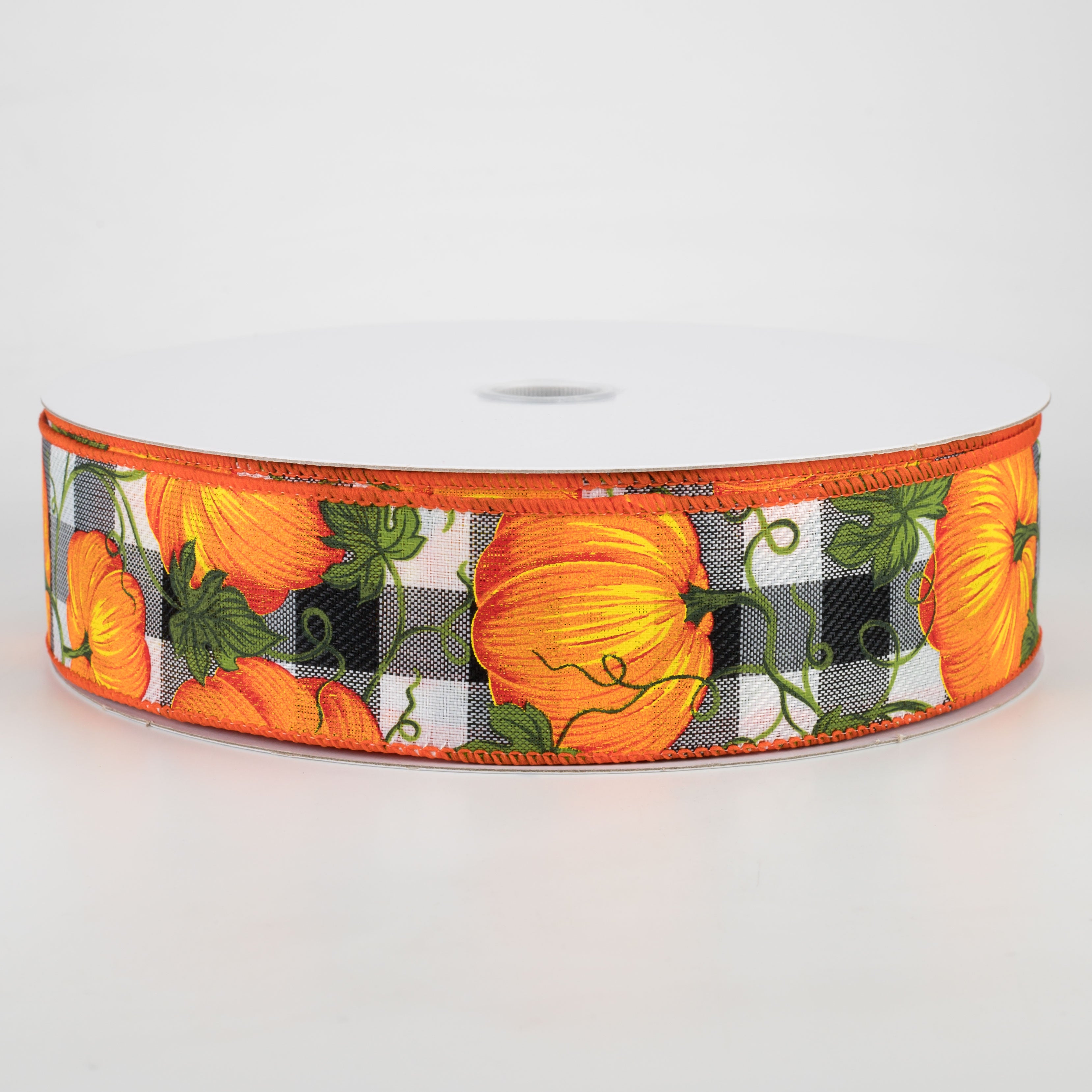 1.5" Buffalo Plaid With Orange Pumpkins Ribbon: Black & White (50 Yards)