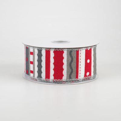 1.5" Whimsy Stripe Ribbon: Grey, Red & White (10 Yards)