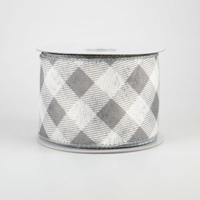 2.5" Diagonal Buffalo Plaid Ribbon: Grey & White (10 Yards)