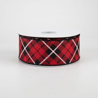 1.5" Diagonal Argyle Plaid Ribbon: Red, Black, White (10 Yards)