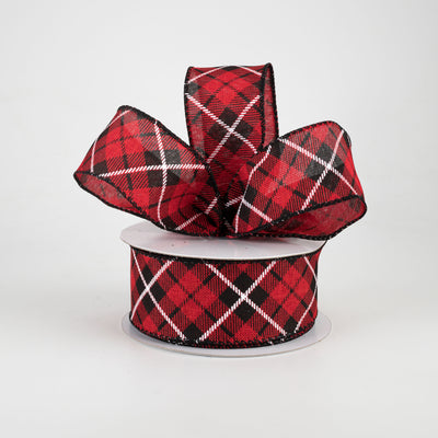 1.5" Diagonal Argyle Plaid Ribbon: Red, Black, White (10 Yards)