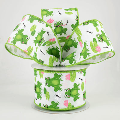 2.5" Frogs, Lily Pads, Dragon Flies Ribbon: White (10 Yards)