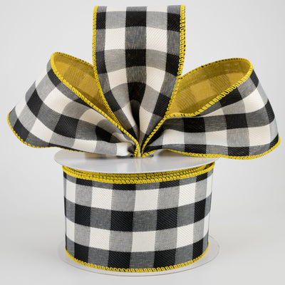 2.5" Two Sided Buffalo Plaid & Linen Ribbon: Black, White, Yellow (10 Yards)