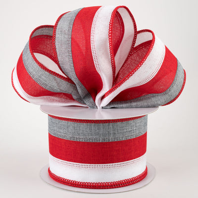 2.5" Stripe Ribbon: Grey, Red, White (10 Yards)