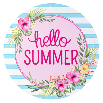 12" Metal Sign: Hello Summer & Tropical Leaves